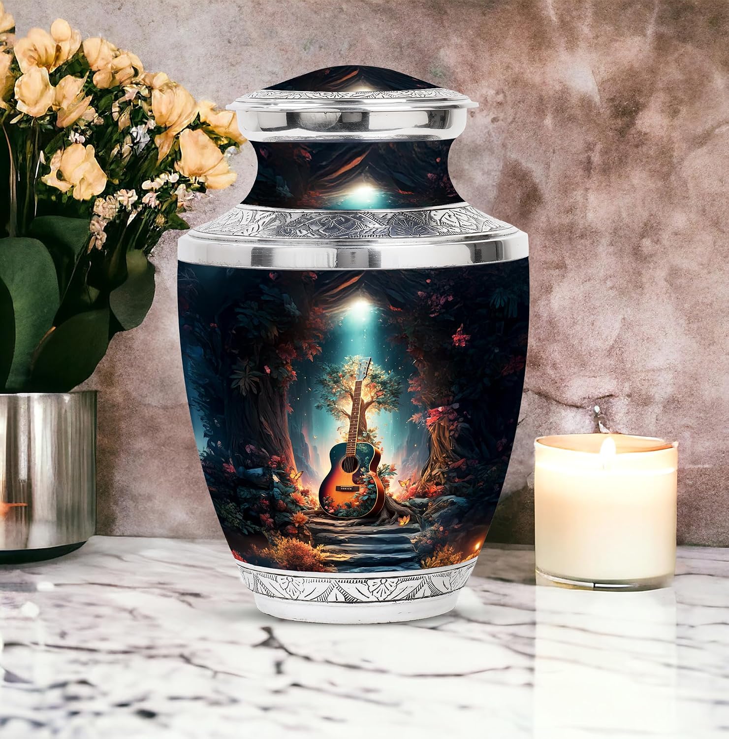 Guitar Cremation Urns for Women & Men – Combo of 4 with Large 10 Inch Funeral Memorial Fairy House Urn for Adult Male & Female 3 Inch Mini