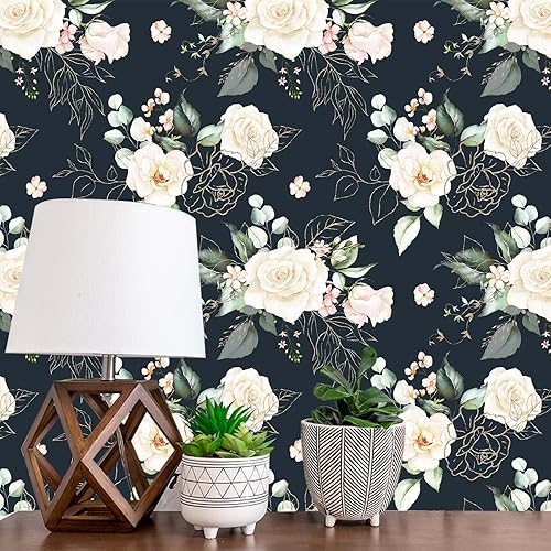 Miniatura 2 de Papel tapiz floral para despegar y pegar, papel de contacto extraíble, hojas de oro negro, bohemio, fácil de despegar, autoadhesivo, impermeable,