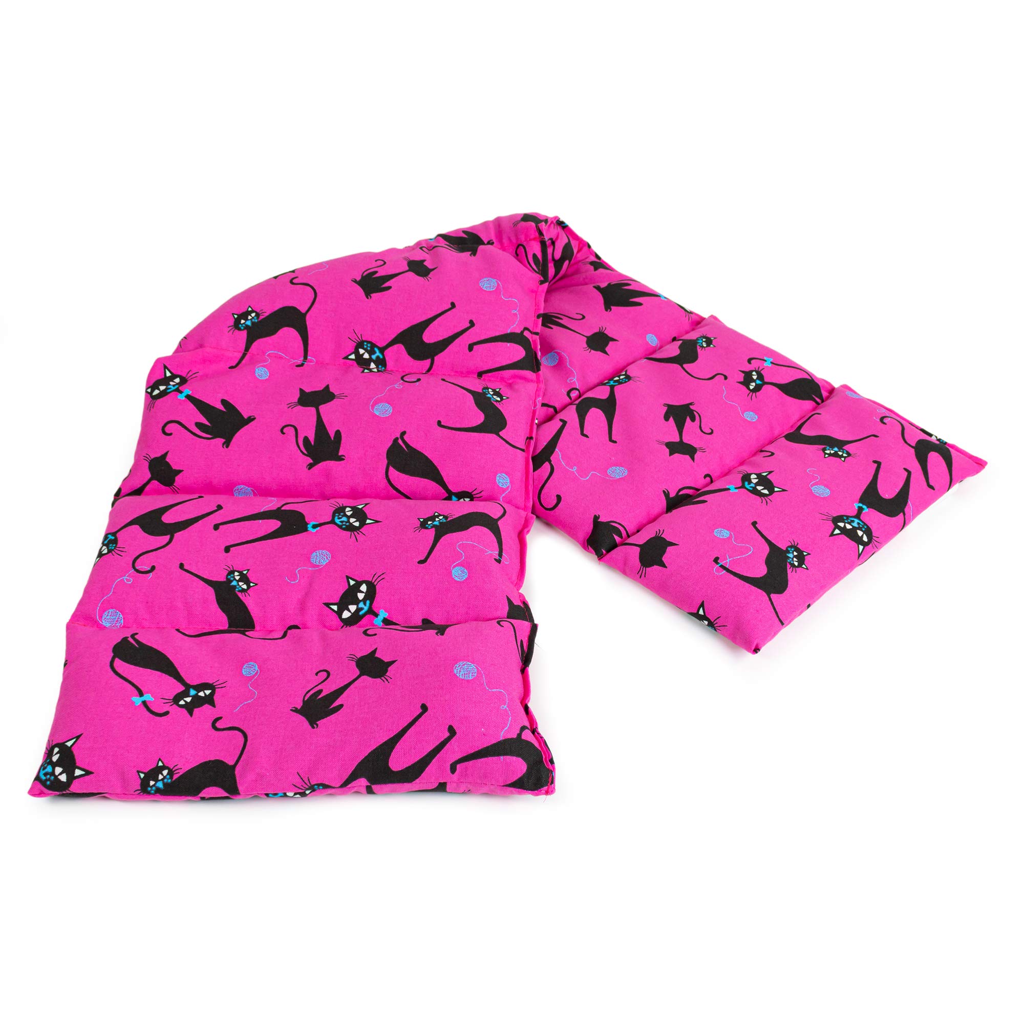 Saco térmico con pepitas de uva compartimentado en 8, 75x20cm - gato negro fondo fucsia - Almohada térmica para microondas - Calor y frío - Cojín térmico con semillas