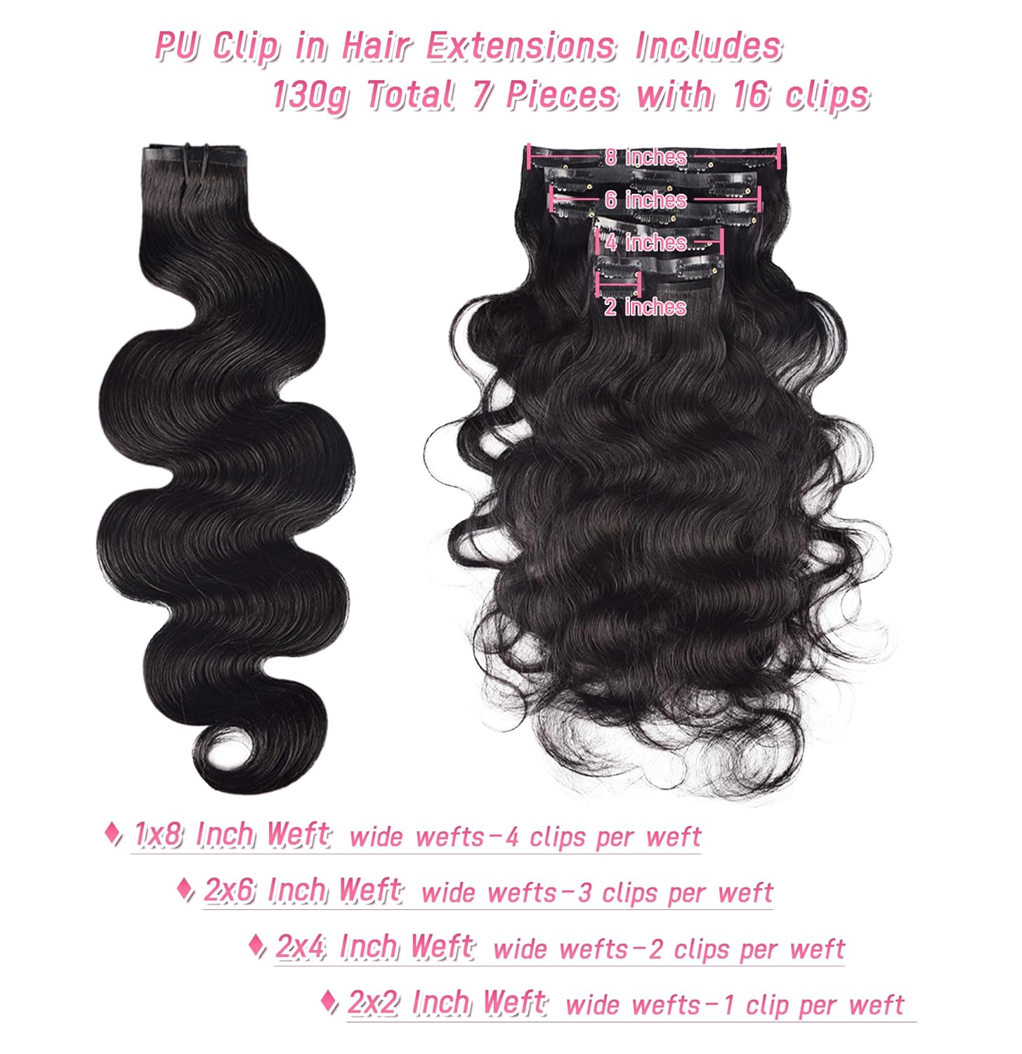 Essent Seamless Body Wave Clip in Hair Extensions Seamless Real Human Hair, 16 Inch 1Pack 130g 7Pcs Human Hair Extensions for Women Natural Black - Image 3