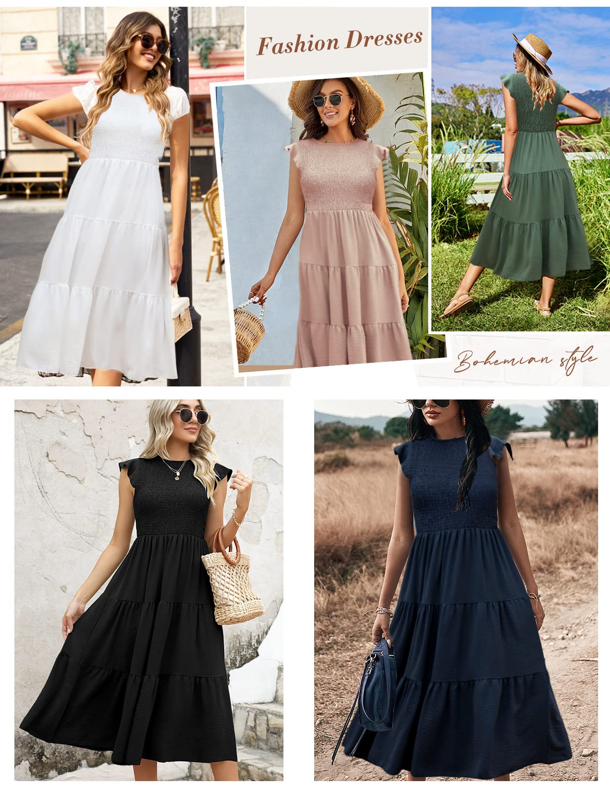 Yuson Girl Vestido Mujer Vestido Largo Verano Mujer Manga Volante Cuello Redondo Elegante hasta la Rodilla Vestidos de Playa Elástico Vestidos Largos Casual Sólida Vestido Verano