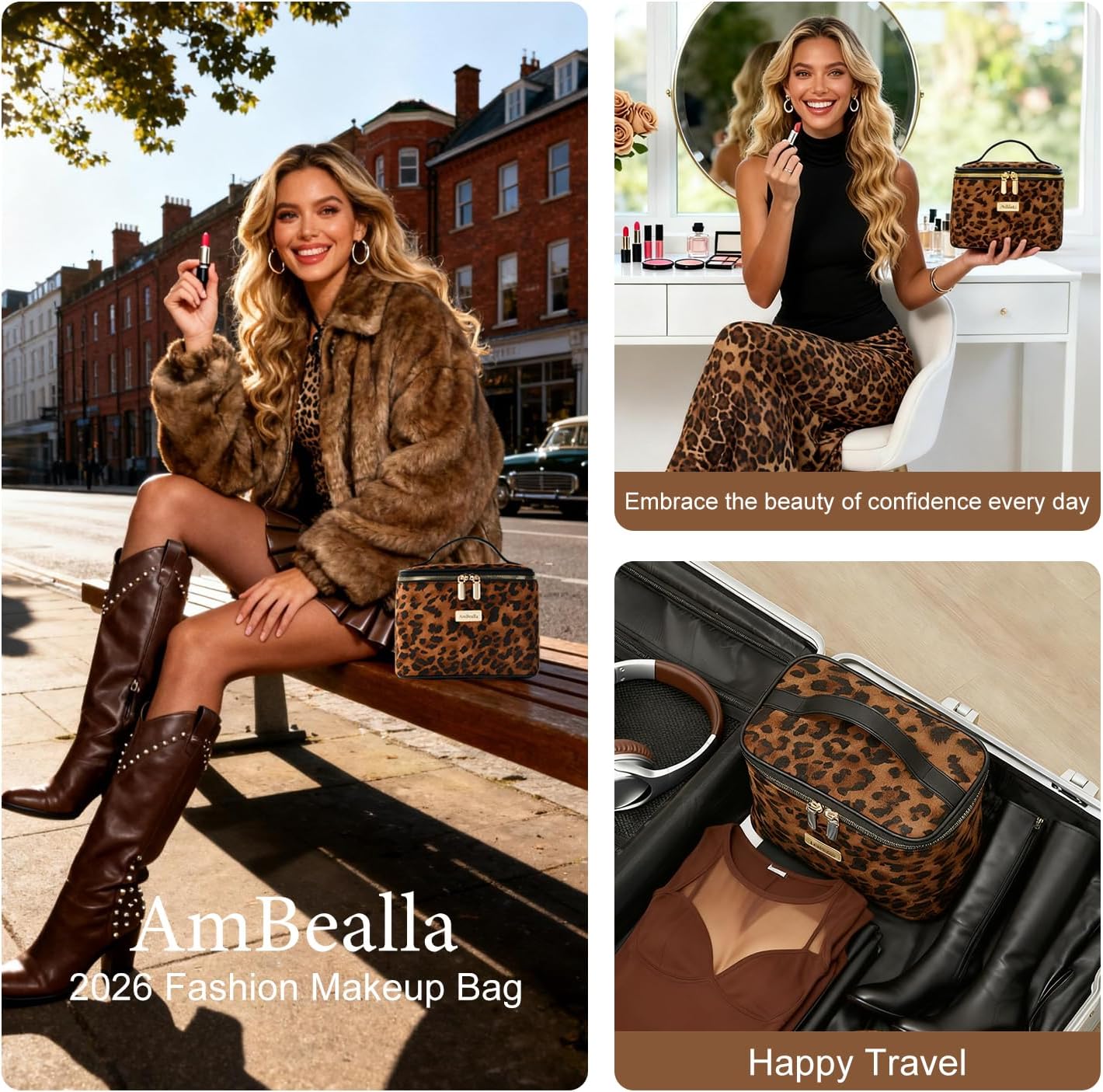 AmBealla Large Makeup Travel Bag Cosmetic Bags with Makeup Mirror and Brush Holder,Makeup Organizer Leopard Print for Women,Portable Toiletry Bag for Fashion Girls - Image 7