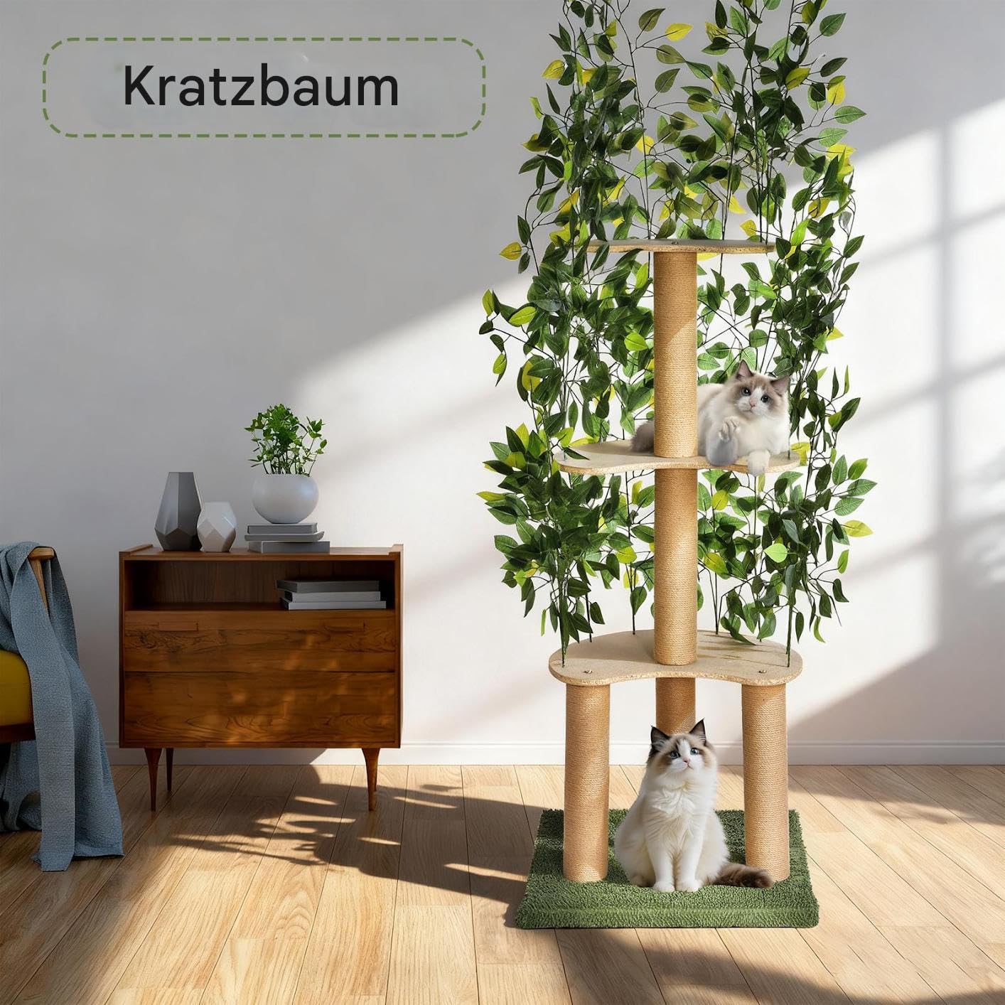 Tiragraffi con foglie e telaio in legno, 150 × 50 × 50 cm – stabile albero per gatti a più piani con palo in sisal, design moderno per casa, gioco e relax