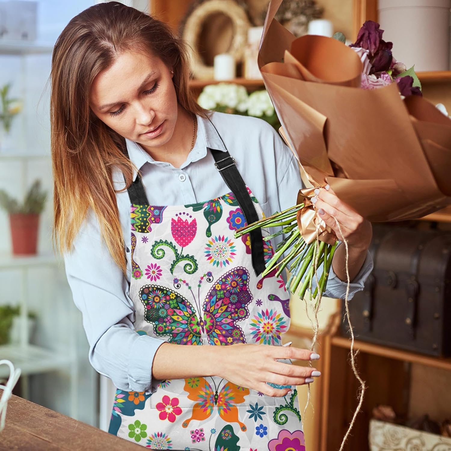 Britimes Butterfly Apron Floral Colorful Butterflies Flowers Aprons Kitchen Cooking Gardening for Women With Pockets - Image 7