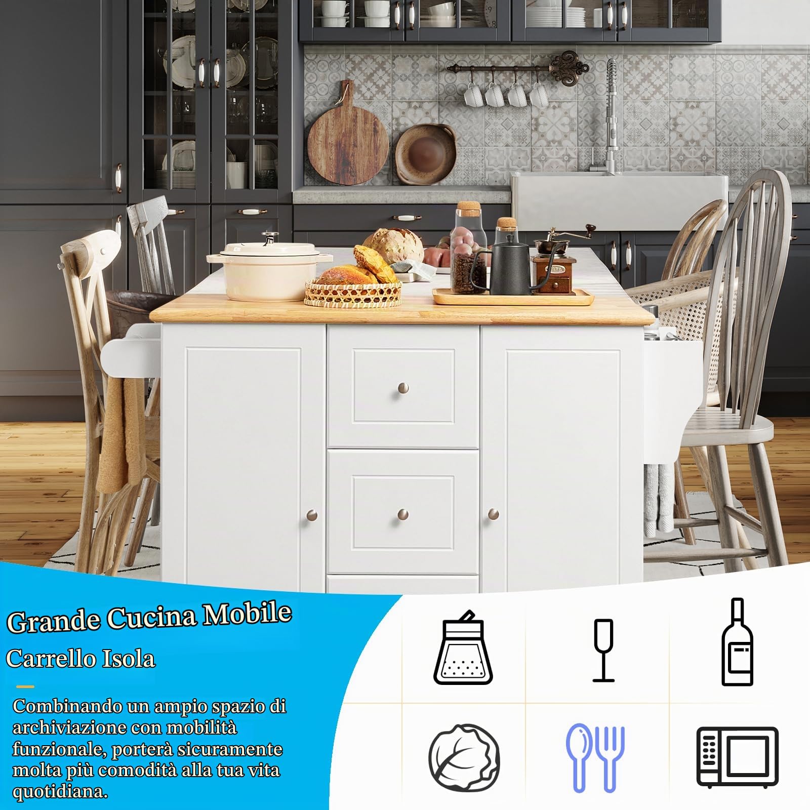 KOMFOTTEU Carrello da Cucina in Legno di Quercia con 2 Armadi e 3 Cassetti, Credenza con 5 Rotelle e Cerniere in Metallo, Isola da Cucina per Soggiorno e Sala da Pranzo