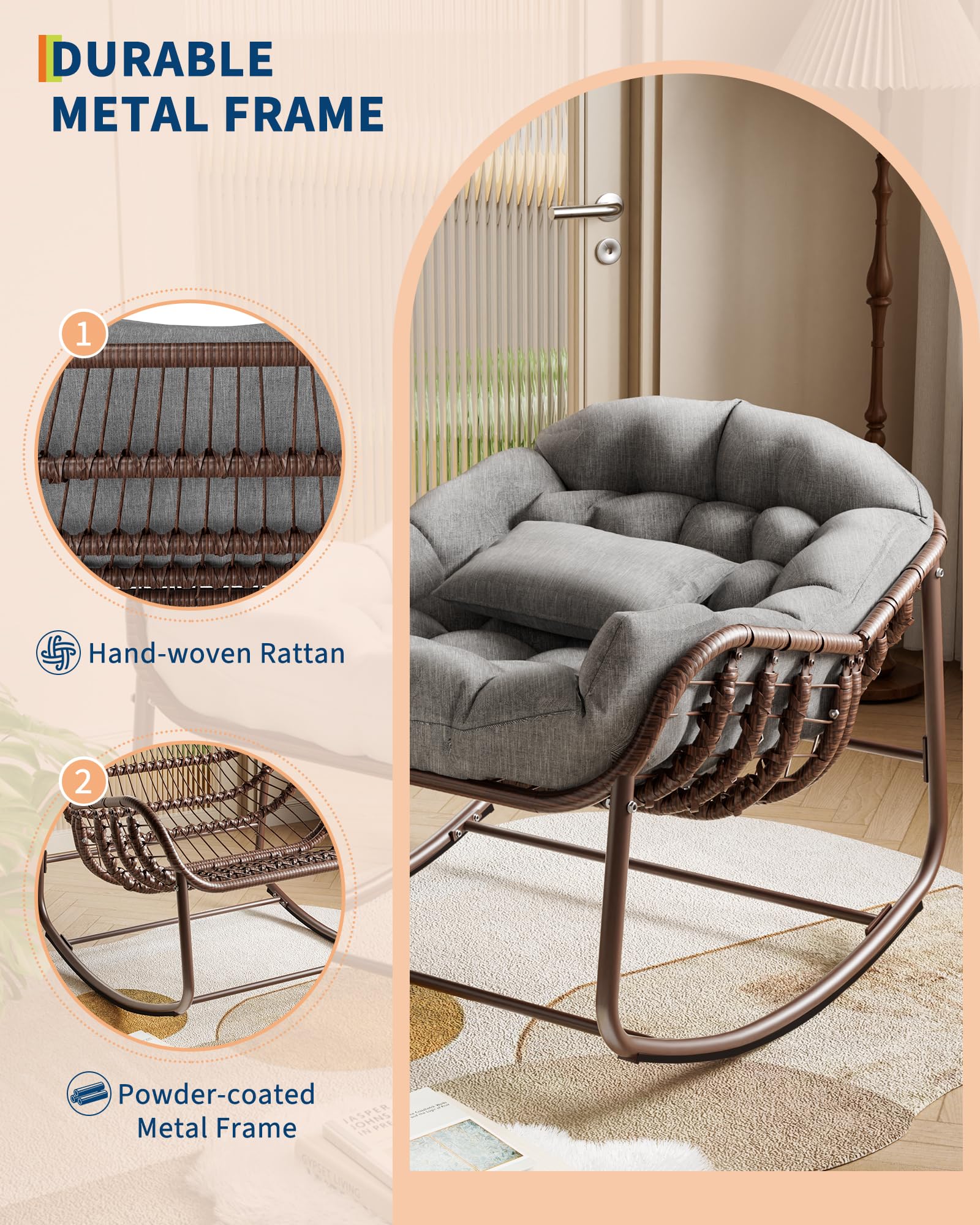 GarveeHome Outdoor Patio Schaukelstühle, Überdimensionierter Papasan-Schaukelstuhl für Innen mit Gepolstertem Kissen - Ei-Schaukelstuhl für Wohnzimmer, Veranda, Garten, Terrasse, Hinterhof