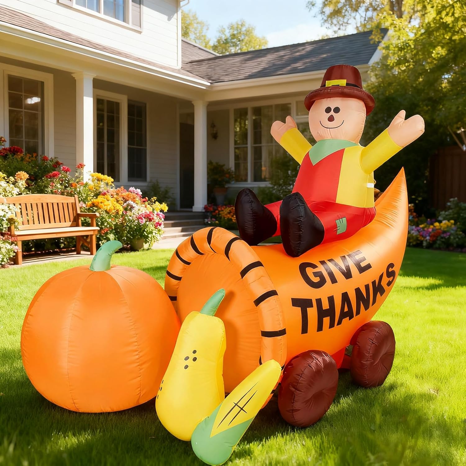 Camuland Thanksgiving Inflatable Decoration 7 FT Long Scarecrow Sitting on Bountiful Cornucopiay with Built-in LEDs for Thanksgiving Party Indoor, Outdoor, Yard, Garden, Lawn Fall Decor