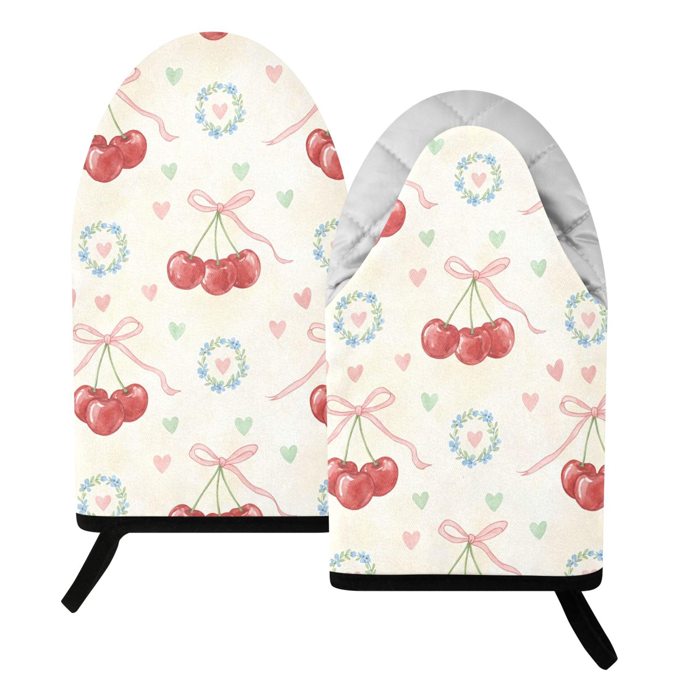 Kutsu Cherry Oven Mitts for Kitchen, Heat Resistant Cotton Oven Gloves for BBQ Baking Cooking, Breathable Kitchen Essentials, 2 pcs