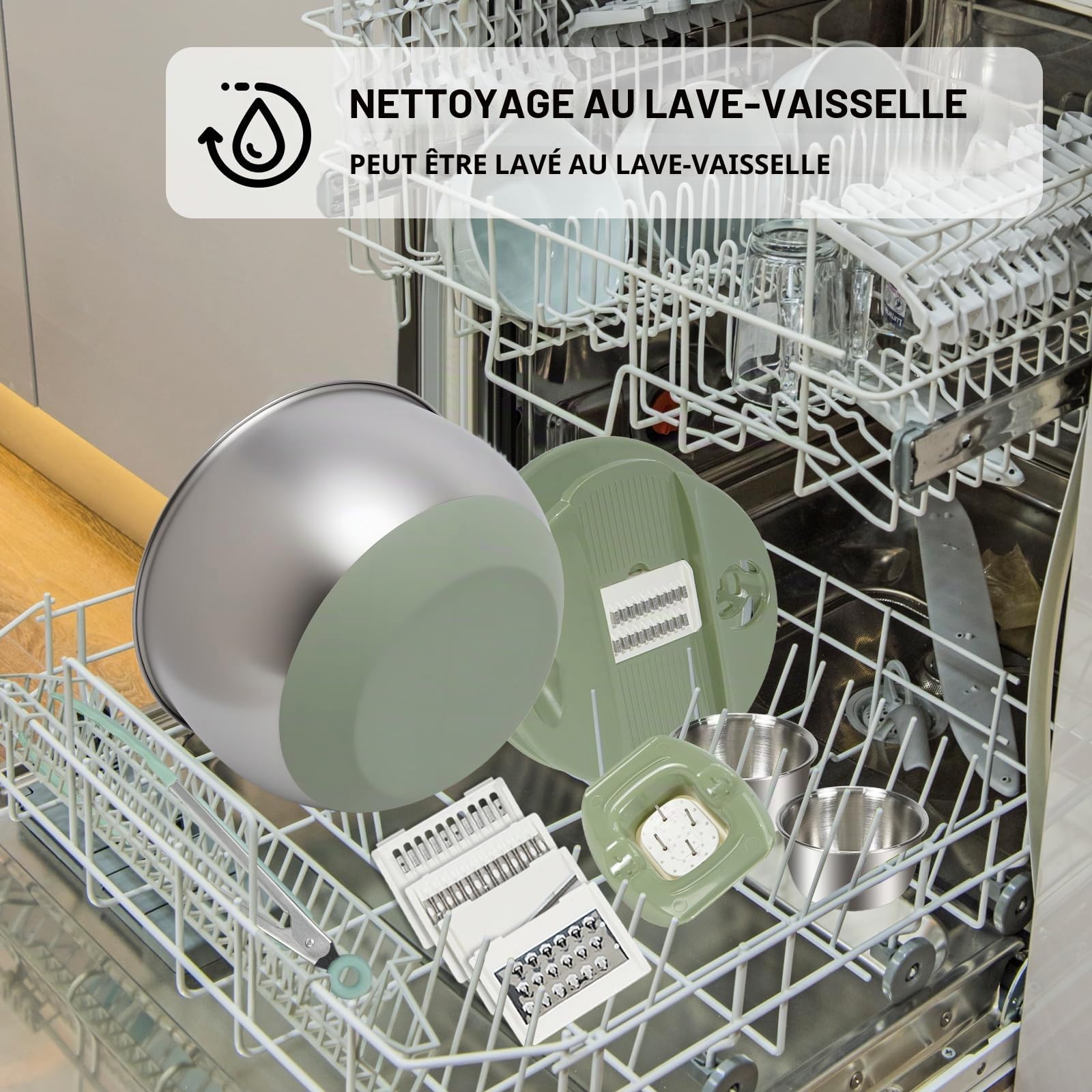 Essoreuse à salade en acier inoxydable avec fonction de coupe [5 accessoires différents] Essoreuse à salade par base antidérapante et entraînement à manivelle, séparateur de jaunes, bol