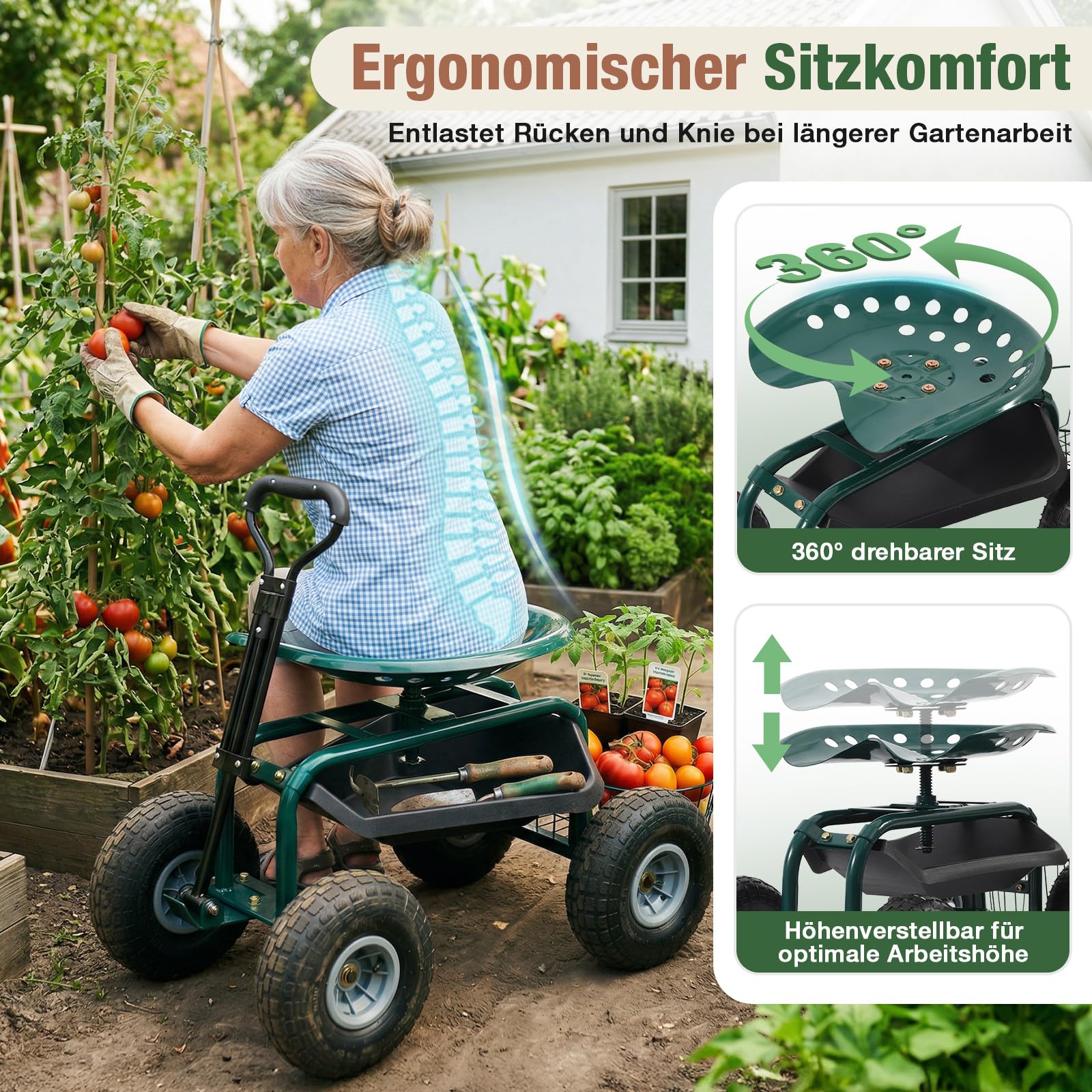 Sekey Gartenrollsitz mit Griff & Ø 25,5cm Reifen - Fahrbarer Rollsitz für Gartenarbeit bis 180kg - 360° Drehbarer Gartensitz zum Ernten & Beschneiden - Gartenhelfer mit Korb für Hof & Garten