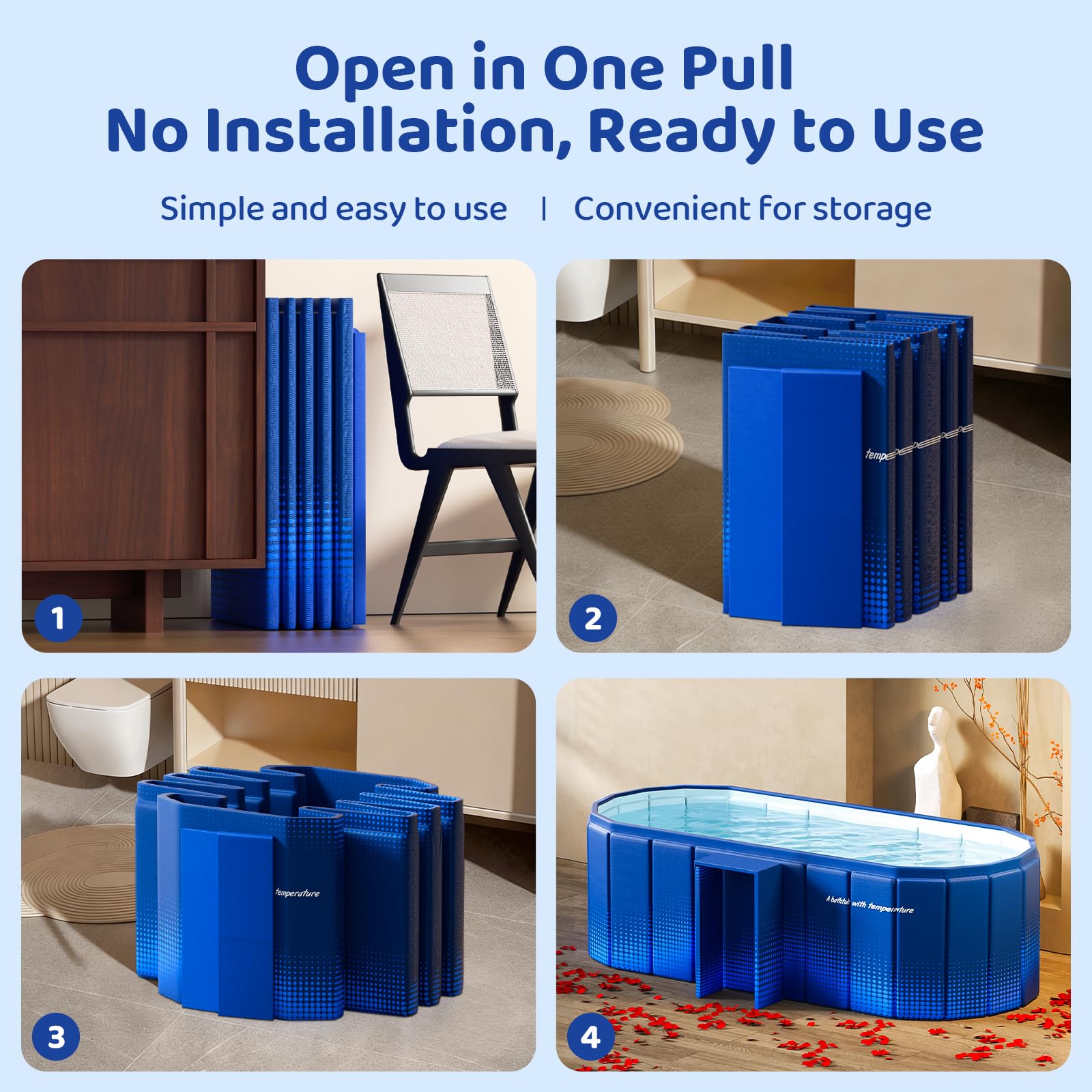 Bañera plegable portátil, bañera independiente sin instalación, bañera de baño de spa, ducha plegable para baño caliente y hielo (azul con estante de almacenamiento, 59 pulgadas de largo x