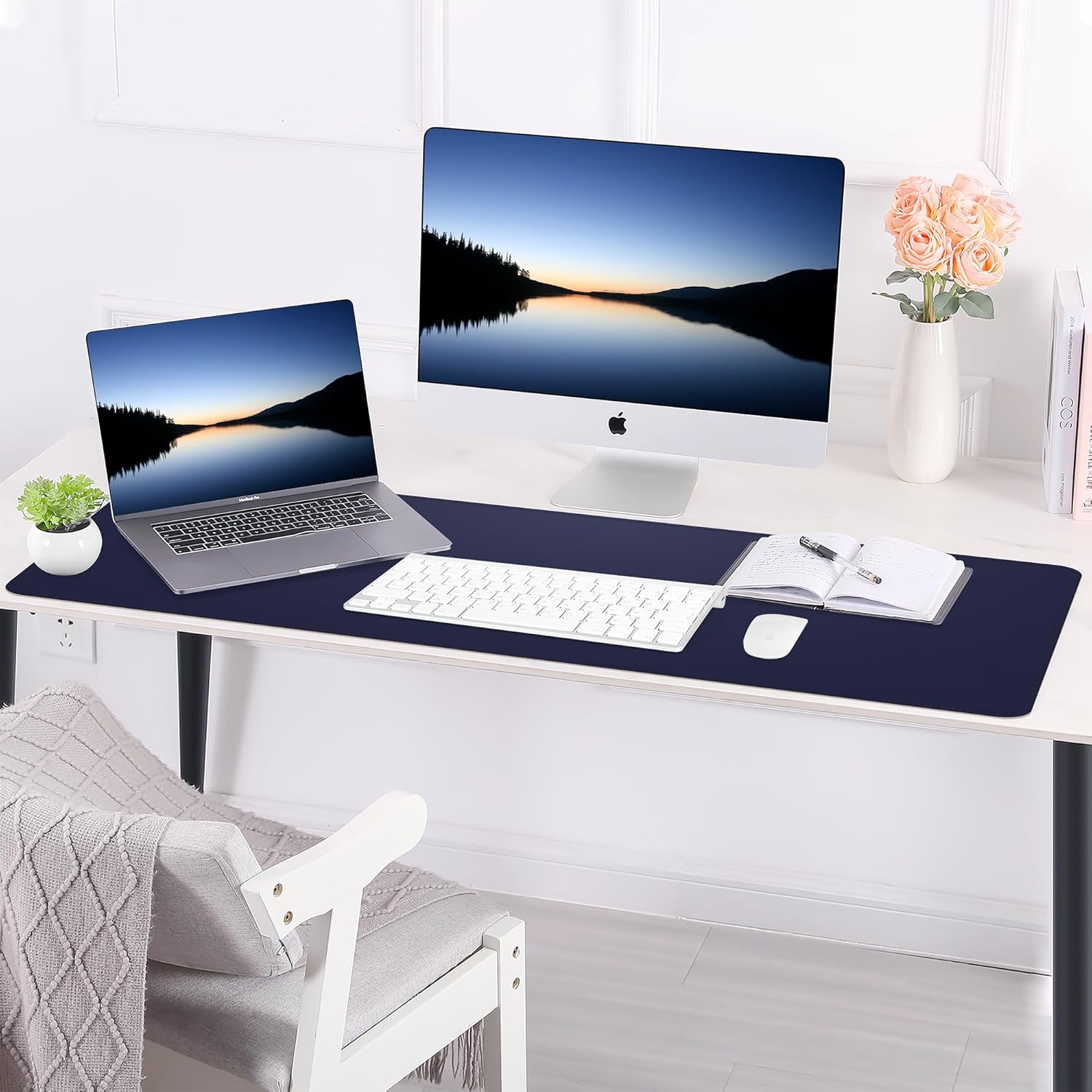 Leather Desk pad Protector, Large Desk mat with Natural Cork & PU Leather,Mouse pad,Non-Slip Office Desk Mat,Waterproof Desk Writing Pad for Office and Home (47in*17in, Blue)