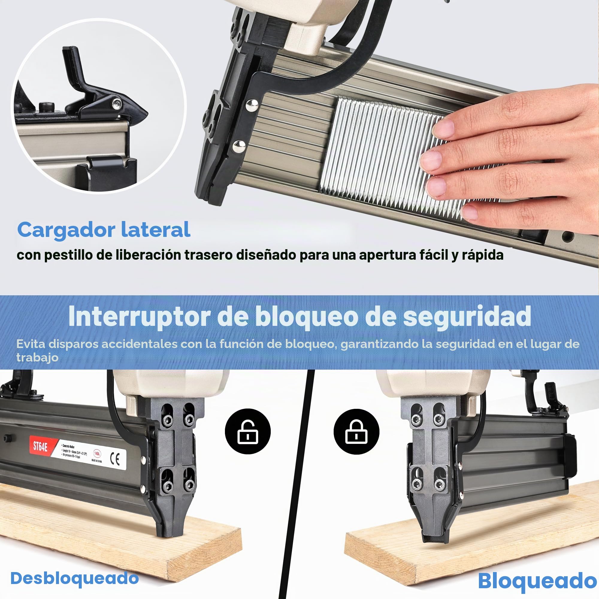 meite ST64E - Pistola de clavos de hormigón con 400 clavos en T de 14 GA de 1-1/4 pulgadas, pistola neumática resistente para madera contrachapada/cubierta/pelaje, cargador de 100 piezas, acepta 3/4