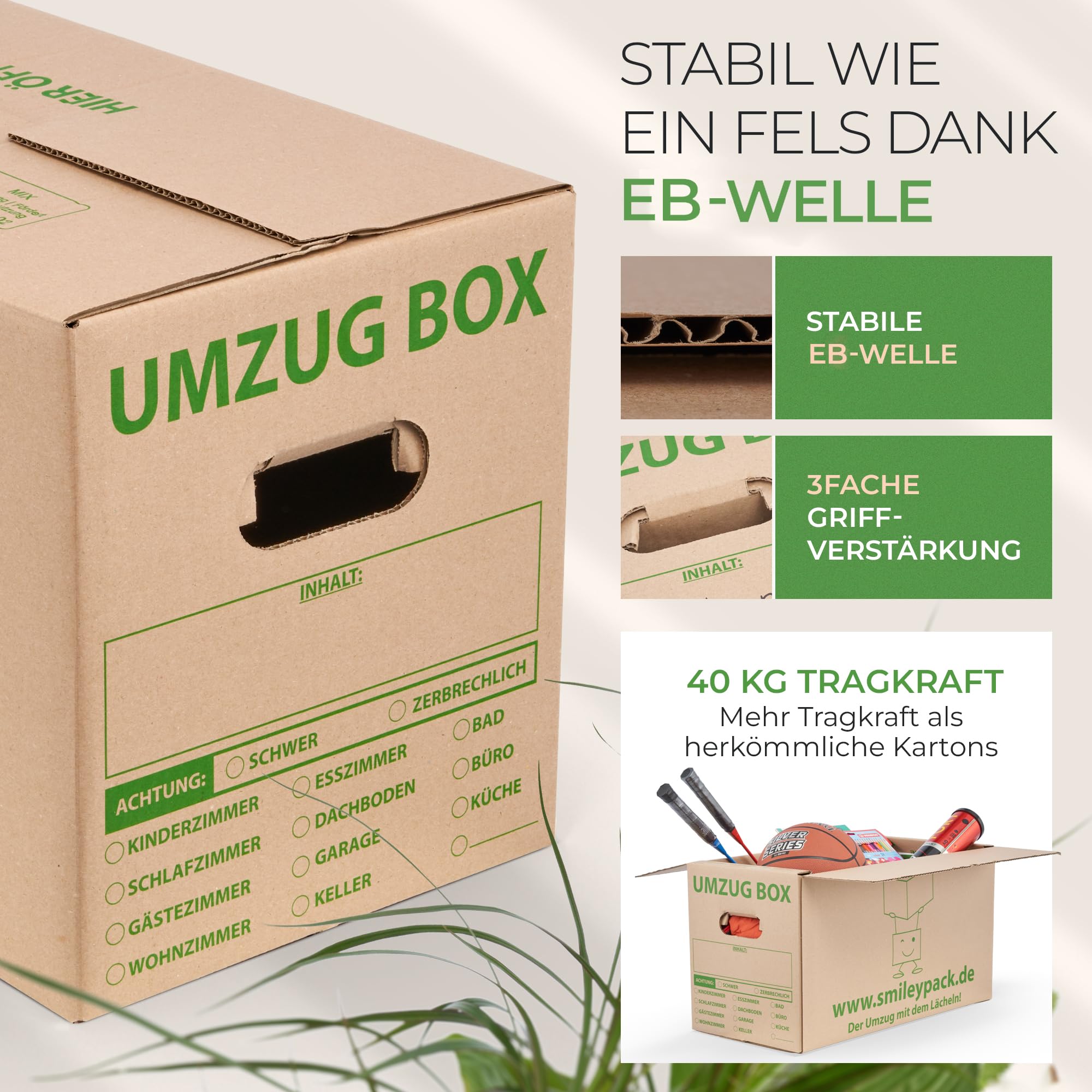 Smiley Pack PROFI Umzugskartons 620x300x330 mm 40kg Traglast Zweiwellig Robuster Umzugskarton groß Bücherkarton Archivbox Moving Boxes Verstärkte Griffe 20 Stück