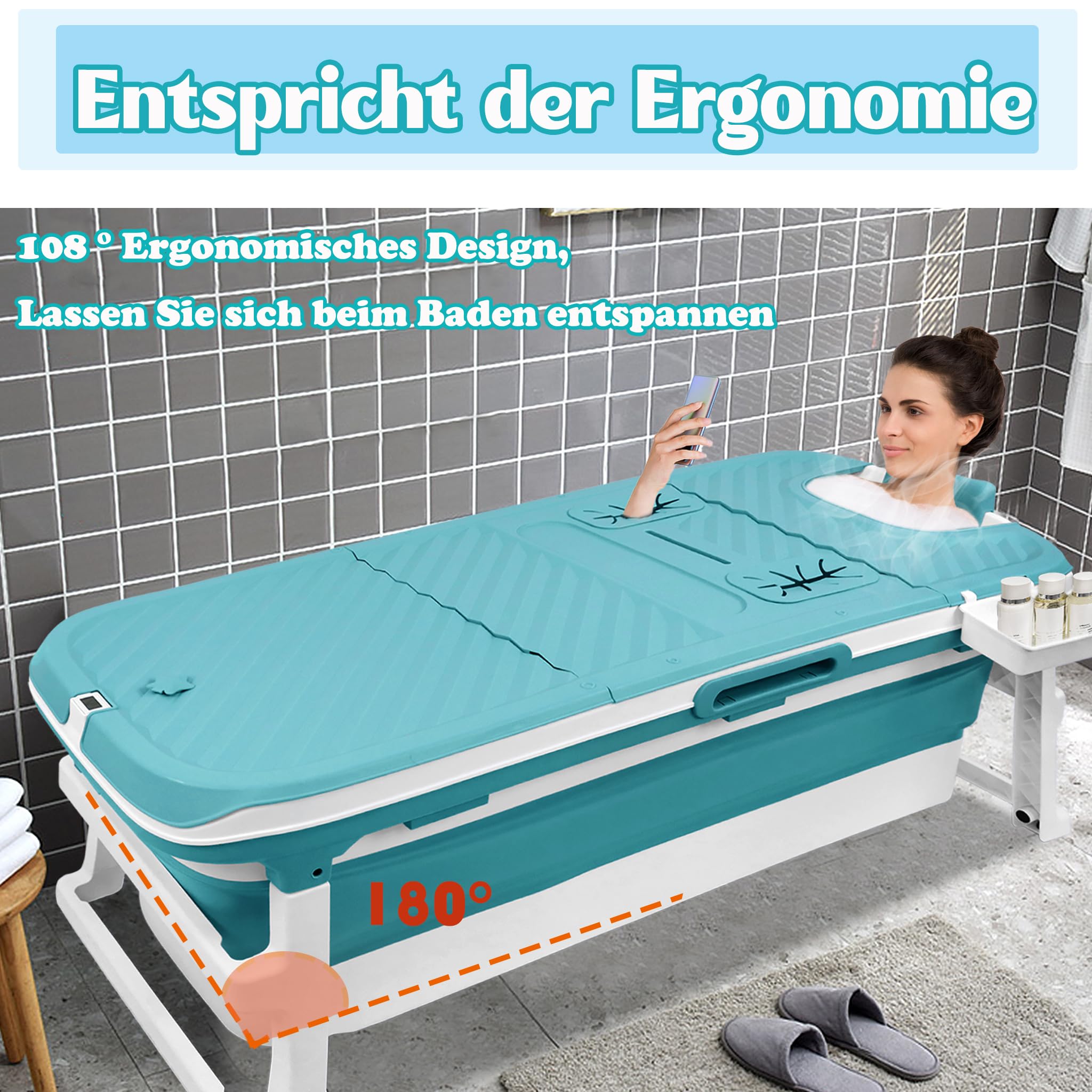 LZQ Vasca da bagno pieghevole per adulti con indicatore di temperatura, vasca da bagno pieghevole con coperchio, per bagno, doccia e balcone, 132 x 61 x 54 cm