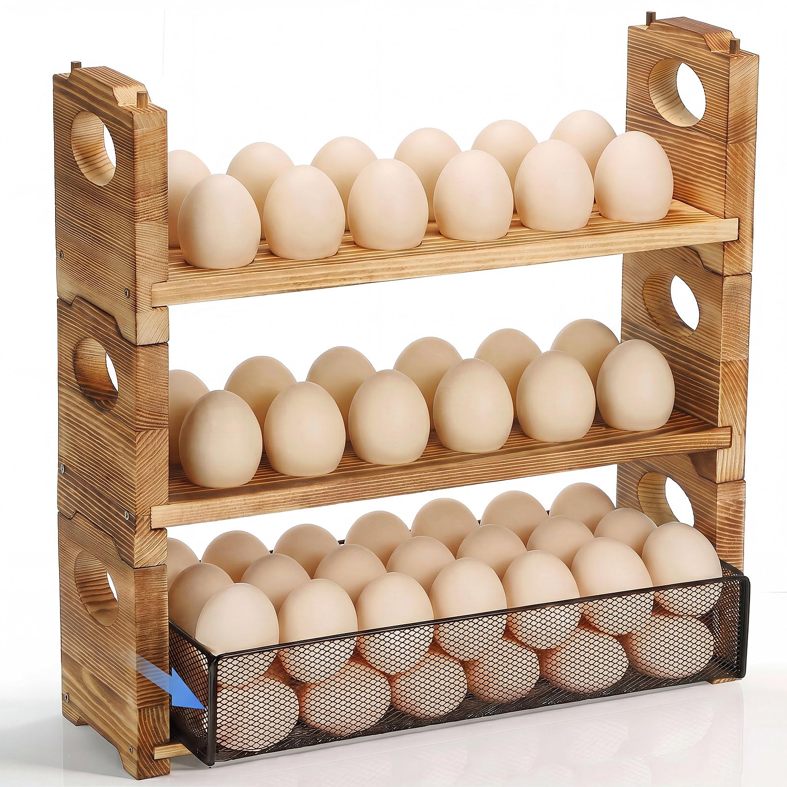 Fumete 3-tier Wooden Egg Holder Countertop with Basket, 42+55 Eggs,Light