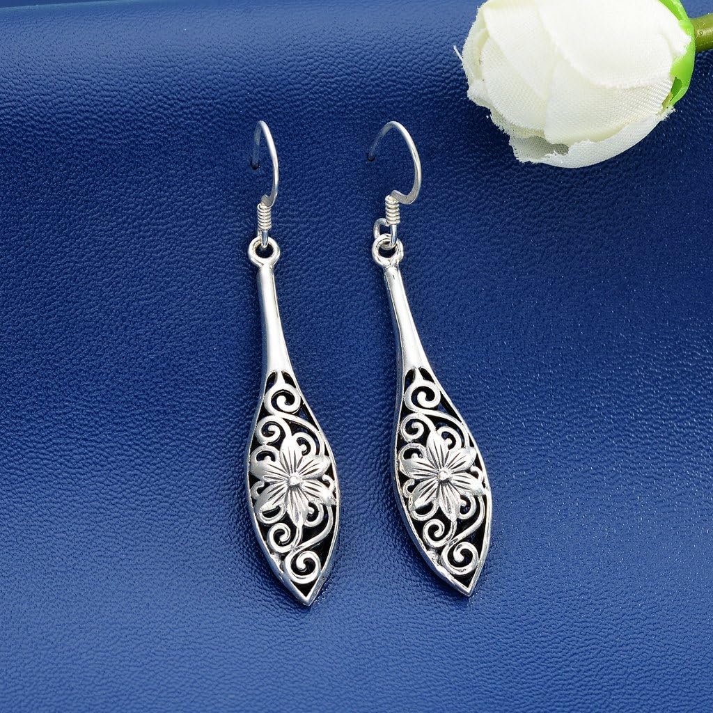 EVER FAITH 925 Sterling Silver Retro Filigree Bali Inspired Hollow Flower Teardrop Dangle Hook Earrings for Women