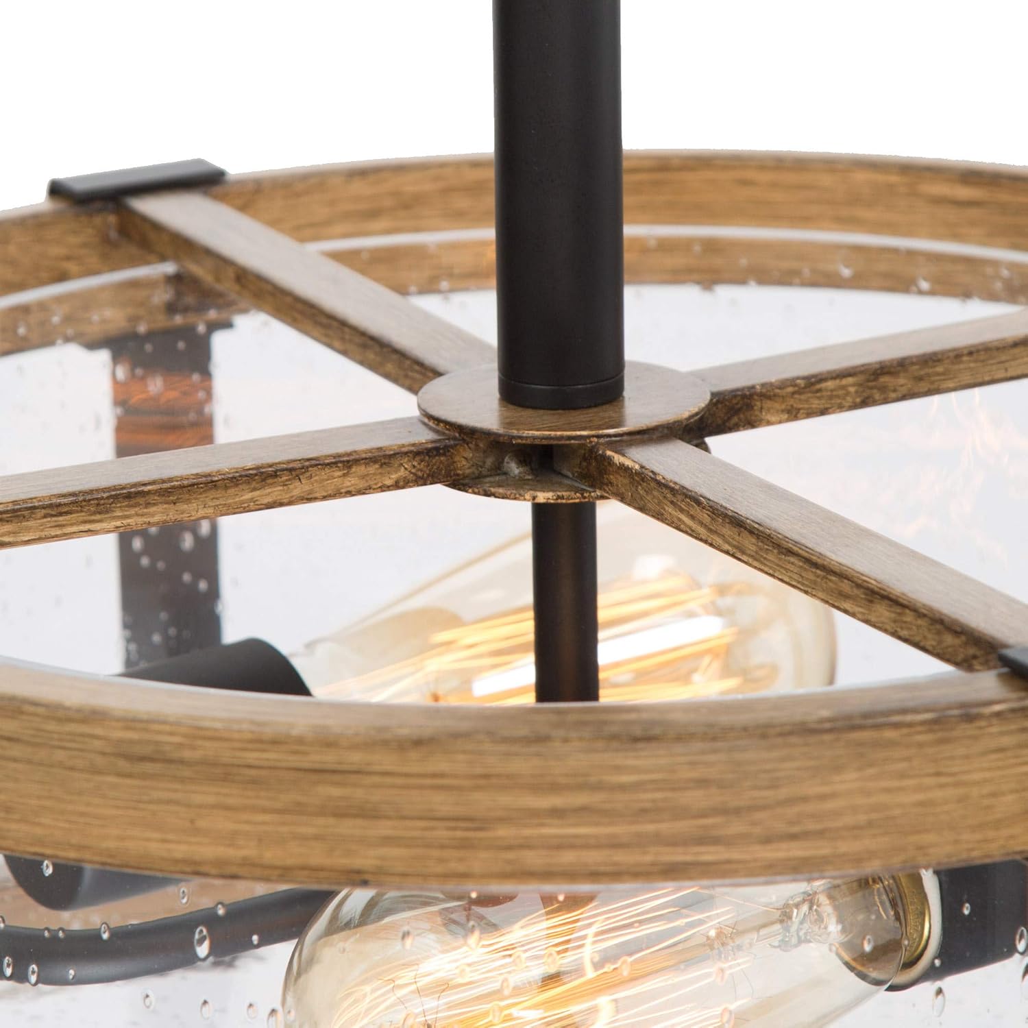 LALUZ Faux Wood Semi Flush Mount Ceiling Light, Farmhouse Close to Ceiling Light Fixture with Seeded Glass Shade for Hallway, Bedroom, Kitchen, Foyer and Dining Room(15.4”* 15.4”* 11”)