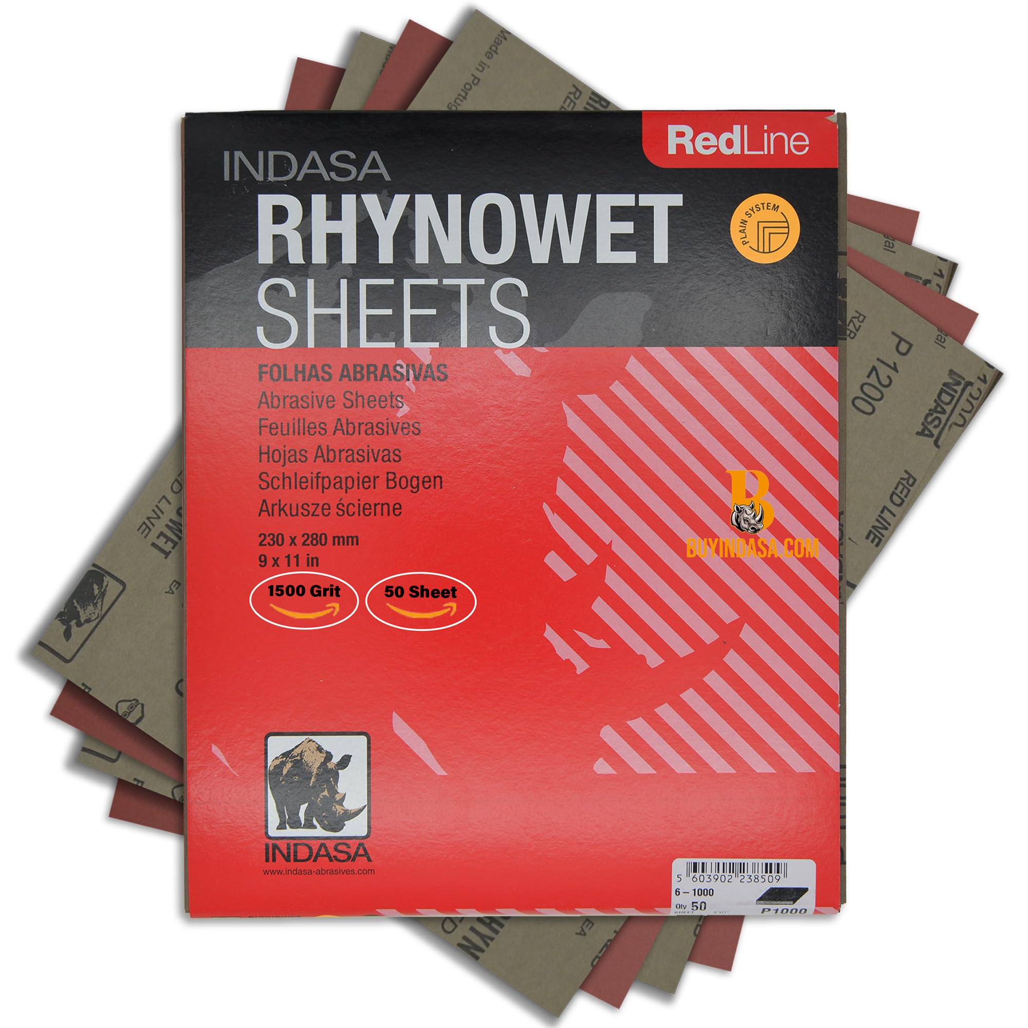 Indasa 50 PCS Redline Full Sheets 9"x11" Wet & Dry Sanding Sheets Series 6 – Rhynowet – 1500-Grit – Waterproof Latex Backing, Silicon Carbide