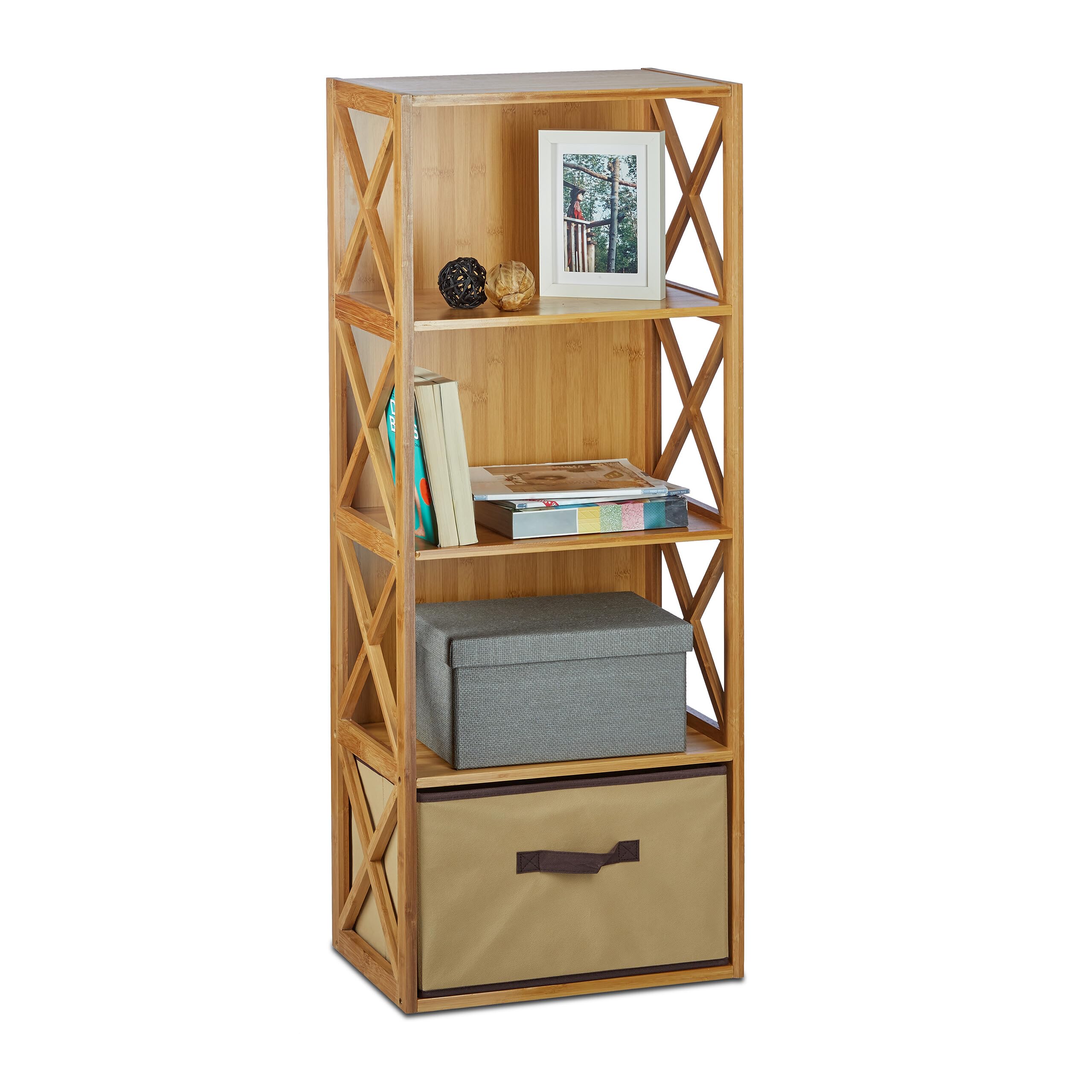 Relaxdays Estantería con Cesta de almacenaje, Madera, Cuatro estantes, Caja Plegable, 105 x 42 x 49 cm, 1 Ud., Marrón
