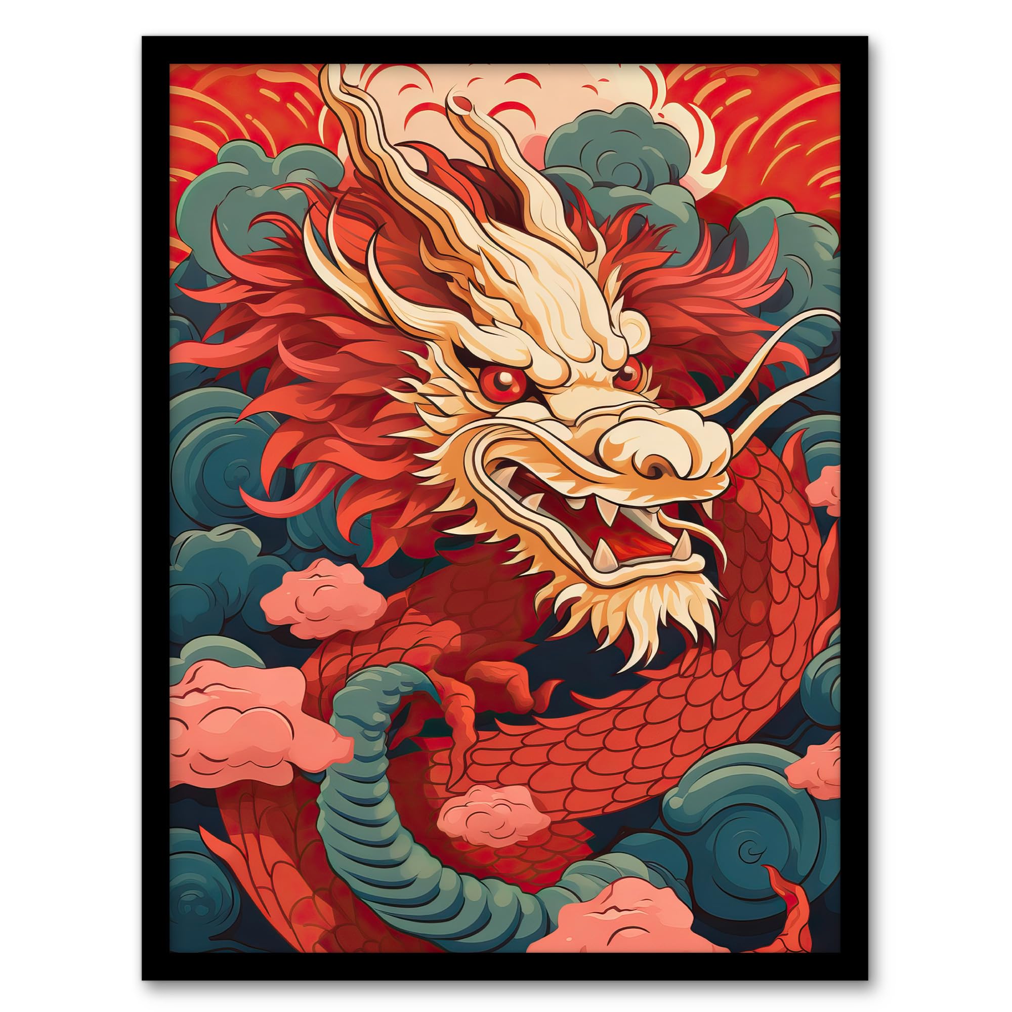Artery8 Fantasy Dragon Red Blue Ornate Mythical 2024 Chinese Year Of The Dragon Artwork Framed Wall Art Print A4