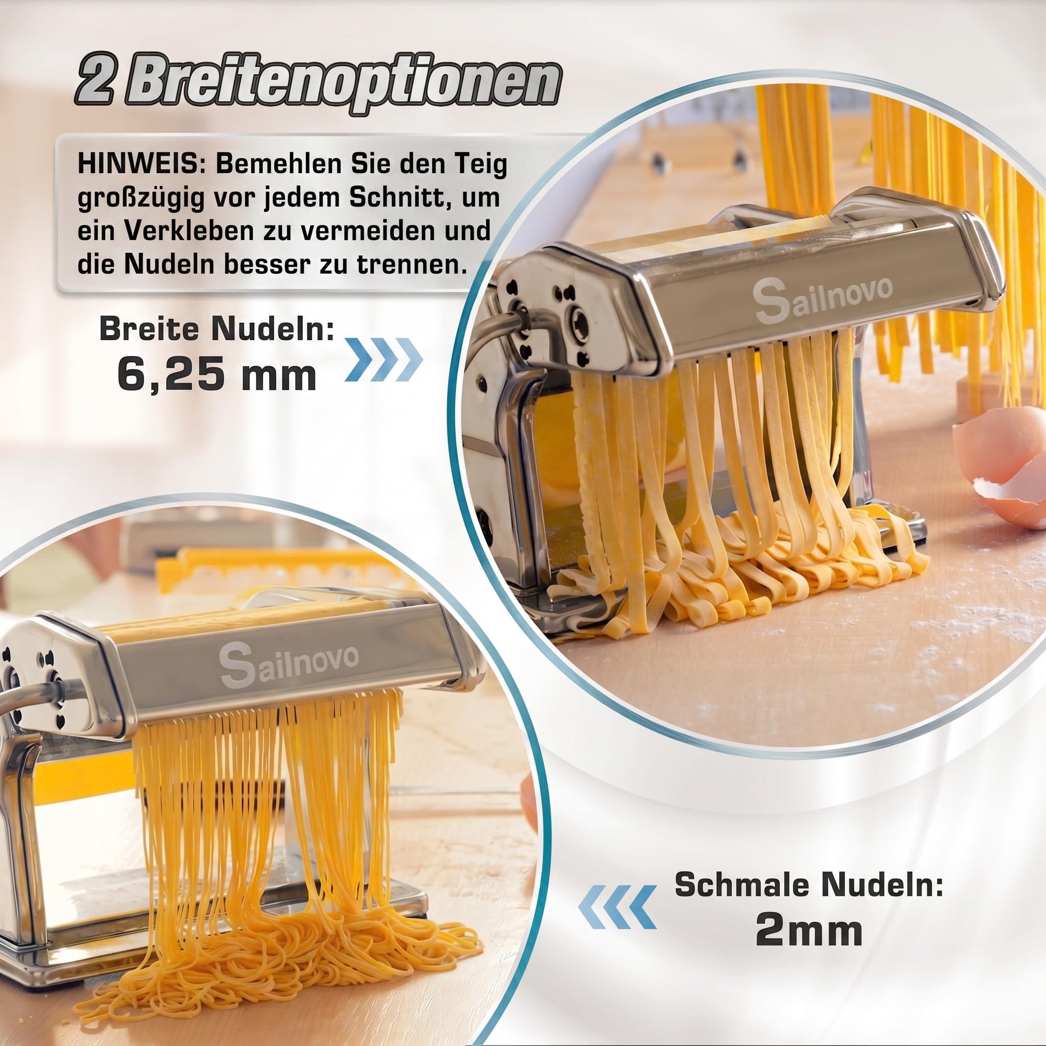 Sailnovo Nudelmaschine Pasta Maker 180 Aluminiumlegierung mit 9 Einstellbaren Stärkeeinstellungen und 2 Schneidern, Nudelmaschine Manuell für Spaghetti, Fettuccini, Lasagne, Geschenk (Silber)