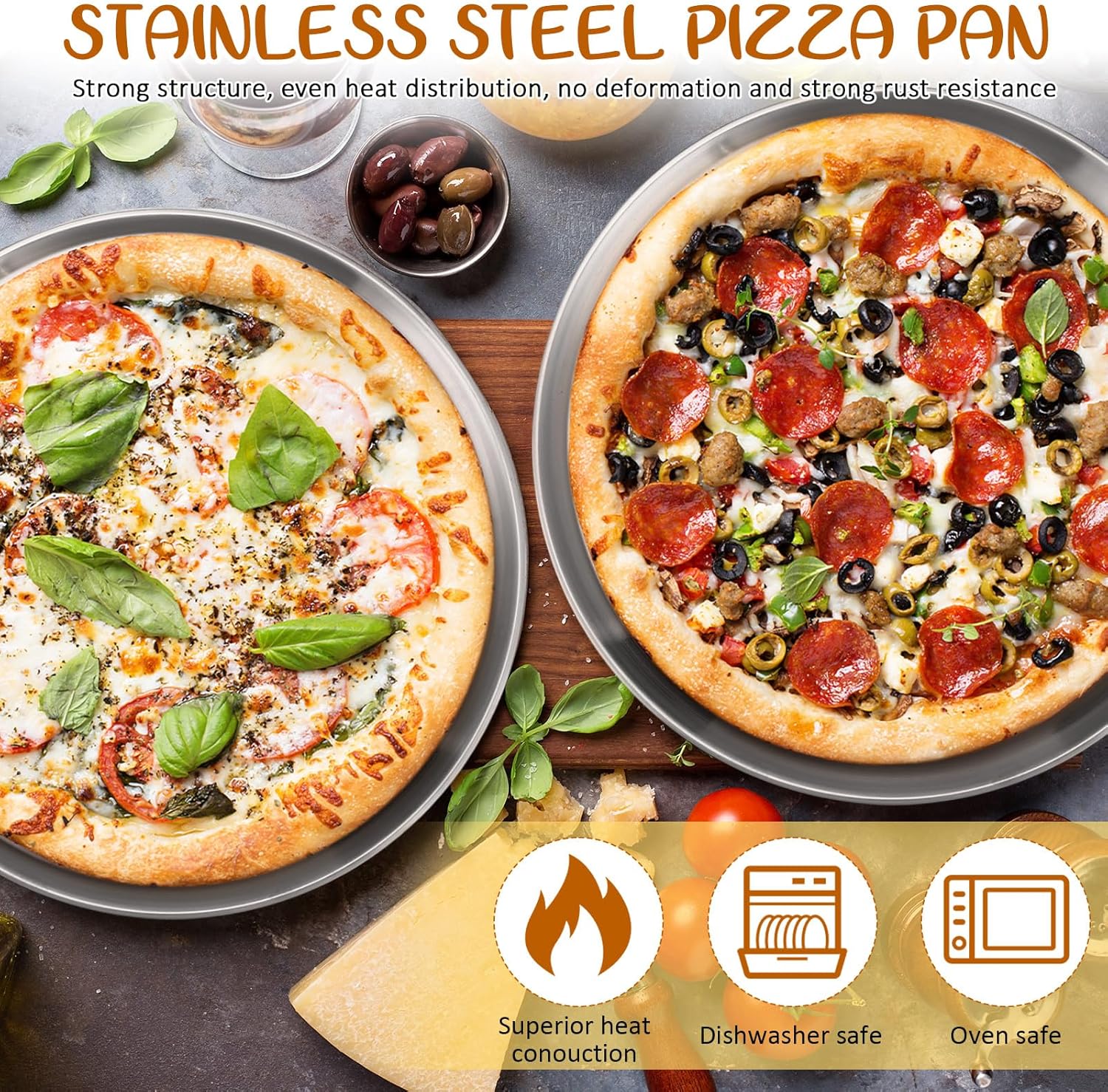 Domensi 7pcs Pizza Pan Riser Stands Sets Includes 1pcs Tiered Tray Stand 3 Stainless Steel Pizza Pan and 3 Wood Handle Knife for Tables Party Restaurant