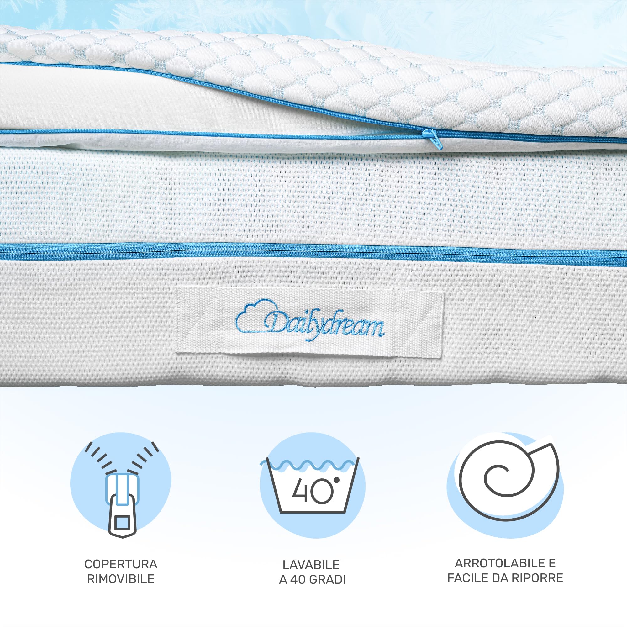 Dailydream Topper matrimoniale piccolo 140x200 cm memory foam, altezza 5 cm, «Edition Cool Touch, Model M », Topper per materasso, divano letto o letto da campeggio, Coprimaterasso confortevole