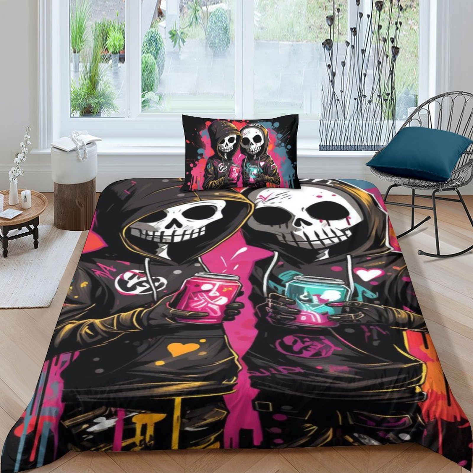 Housse de couette squelette parure de lit 3 pièces microfibre fermeture éclair