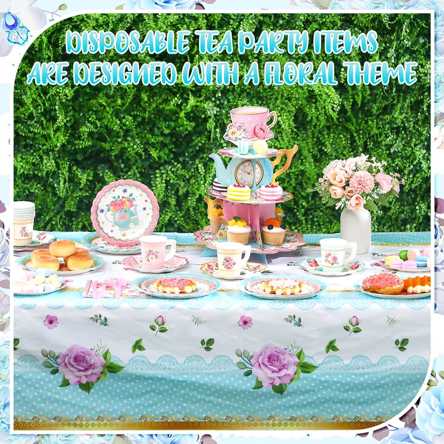 SiliFine 106 Pcs Tea Party Supplies for 12 Guests Include Plates Tea Cups Saucers Napkins Cupcake Stand Tablecloth Banners Floral Tea Party Tableware Set for Girls Birthday Baby Shower Party Favors