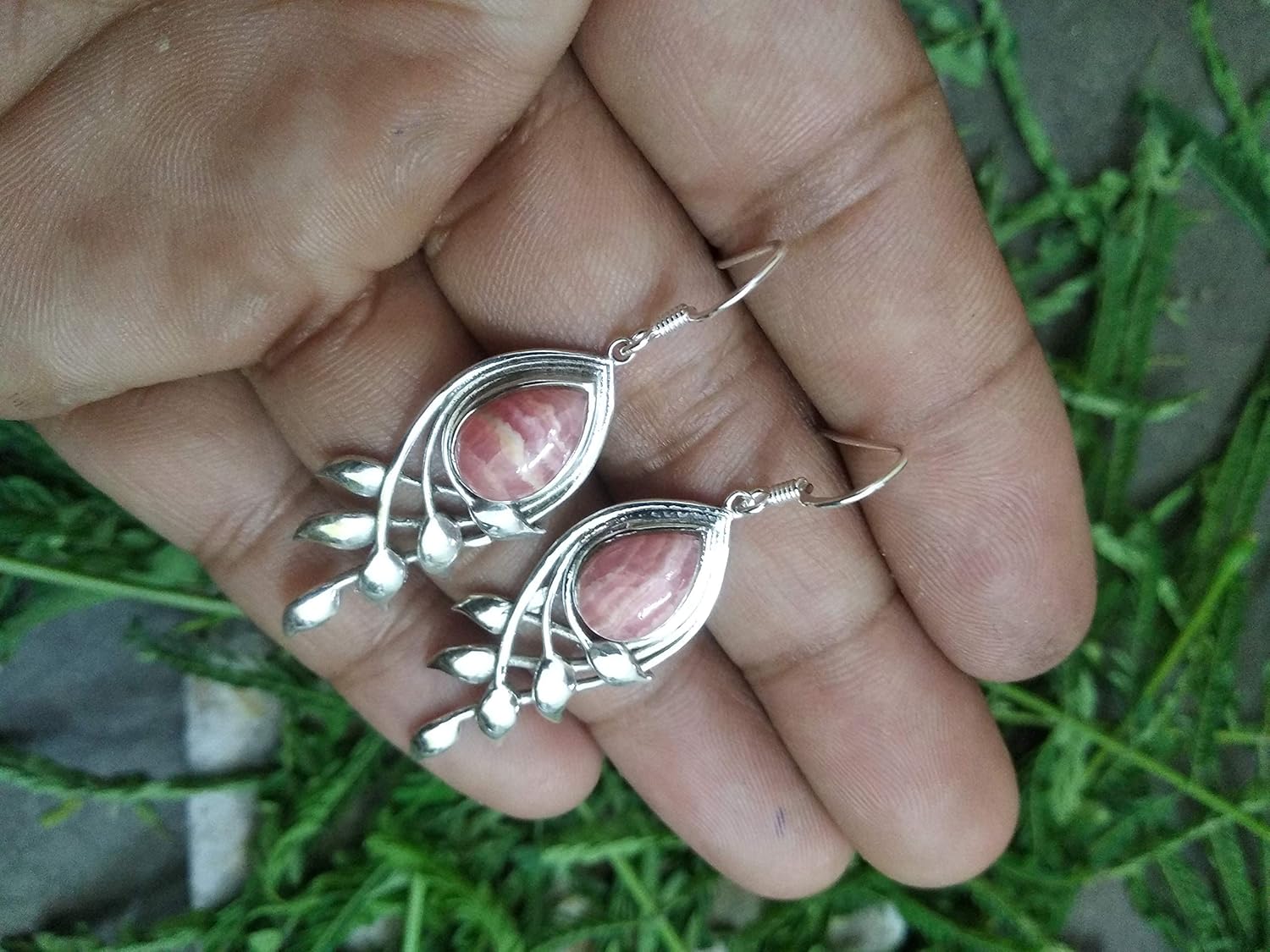 Rhodochrosite Earring, 925 Silver, Teardrop Earrings, Leaf Shape Earring, Gypsy Jewelry, Classic earring, Vintage Earring, Party Wear Earring, Dangle & Drop Earring, Boho Chic, Gift for Her