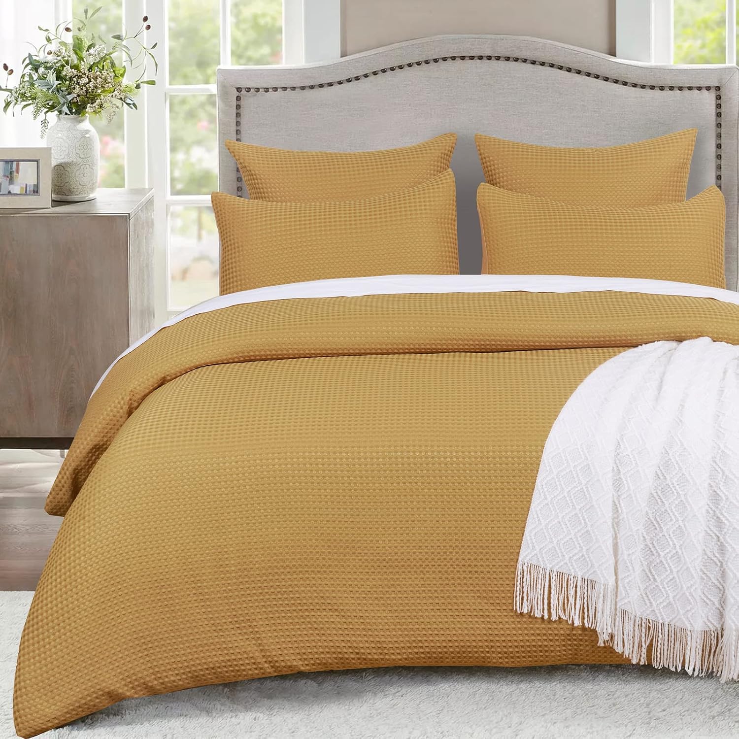 PHF Waffle Weave Duvet Cover Set Queen Size, 3PCS Washed Microfiber Boho Comforter Cover Set, Ultra Soft Comfy Duvet Cover with Pillow Shams Bedding Collection, 90"x90", Ginger