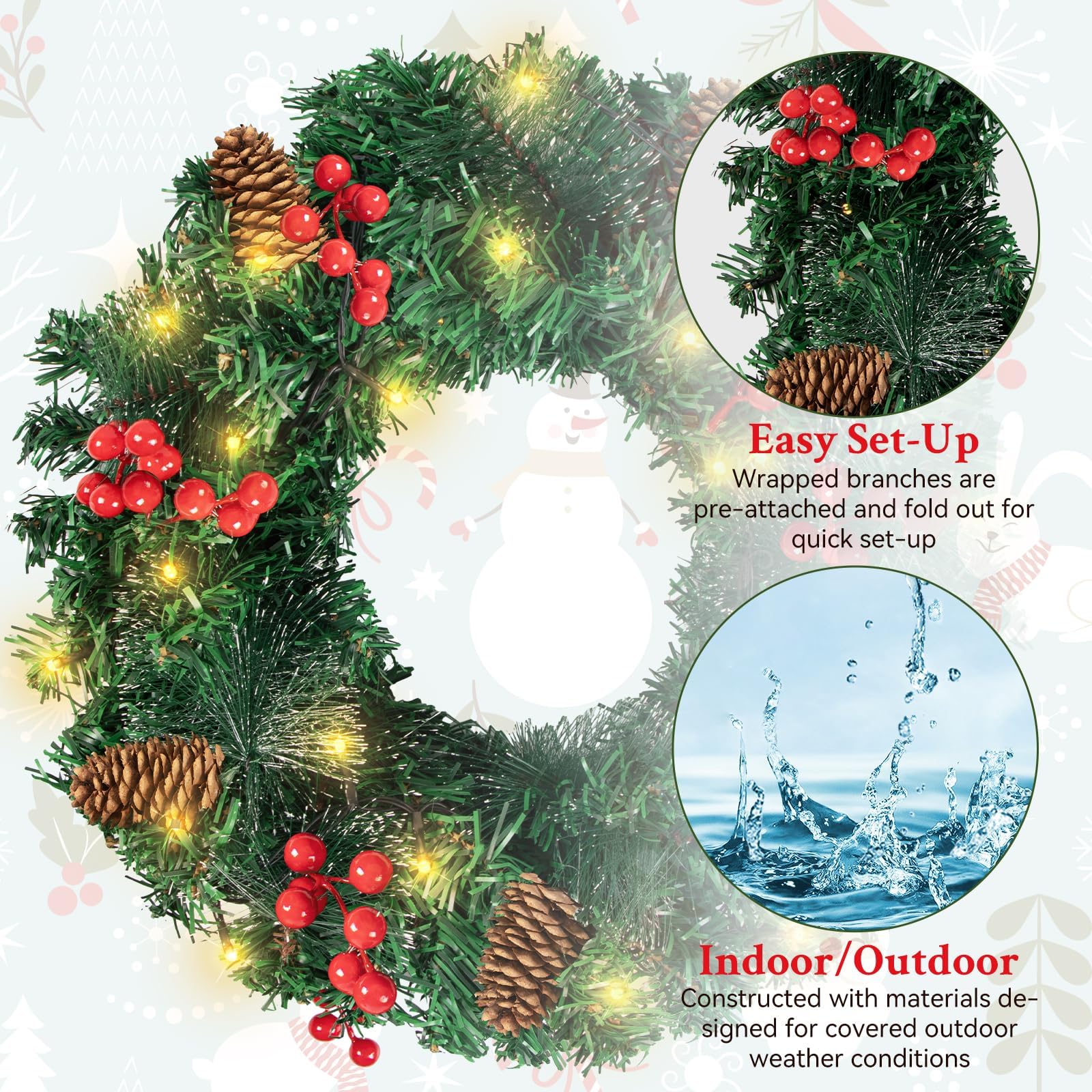 16in Couronne de Noël, LED Guirlande de Noël 8 Modes Couronne de Porte de Noël Artificielle avec Pommes de pin, Baies Rouges, Décoration de Noël pour Porte, Fenêtre, Cheminée, Mur