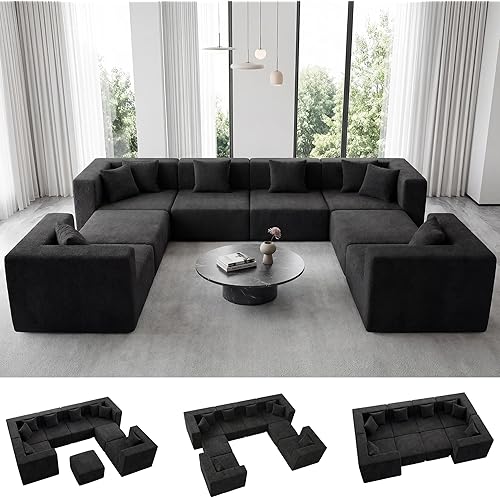 Modular Sectional Sofa, Oversized 8 Seat Convertible U Shaped Couch with Ottoman, Comfy Teddy Velvet Cloud Couch with Deep Seat, Sectional Couches for Living Room, No Assembly Required, Black