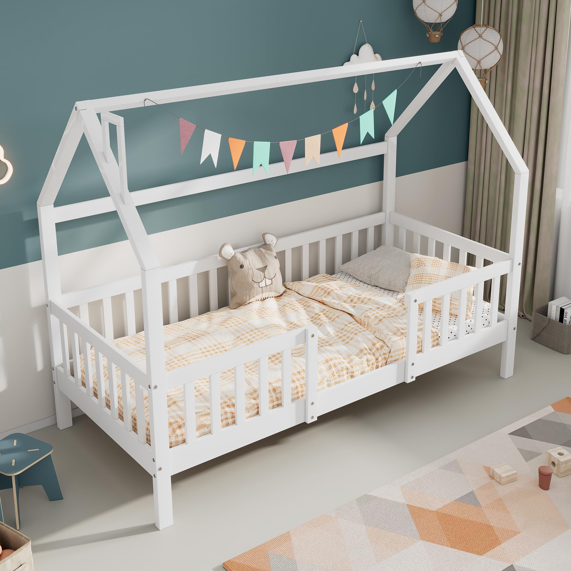 Merax Hausbett 90x200cm, Kinderbett Mit Lattenrost, Holz Bett für Kinder mit Bettkasten, Kinder und Jugendzimmer, Kiefernholz Haus Bett for Kids, Ohne Matratze, Weiß