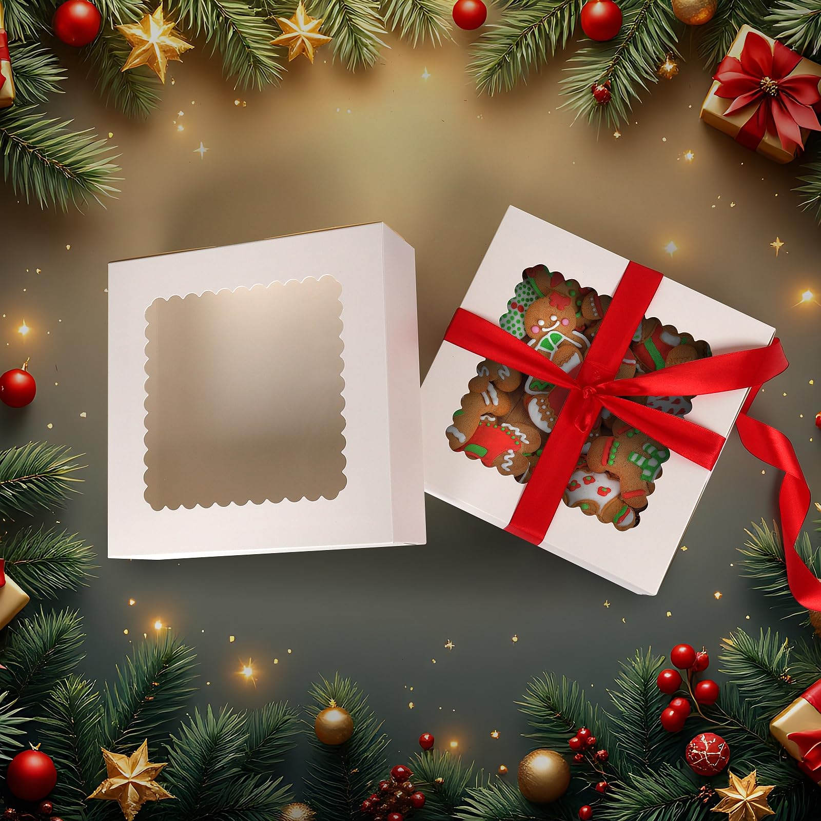 24 Cajas para Tartas Blancas con Ventana, 20,4 x 20,4 x 6,4 cm Cajas Para Cupcakes, Cartón Alimentario, Caja de Pastelería para Galletas, Magdalenas, Postres, Navidad, Cumpleaños, Bodas