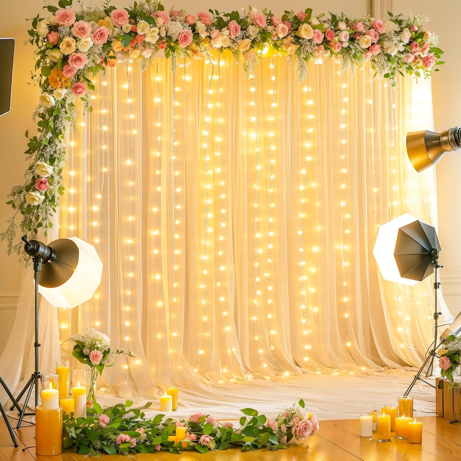 10x10FT Cream Wrinkle Free Backdrop Curtains with Lights String for Parties - Photo Curtain Backdrop with Lights for Wedding Decorations, Bridal Baby Shower Birthday Party Photography Background