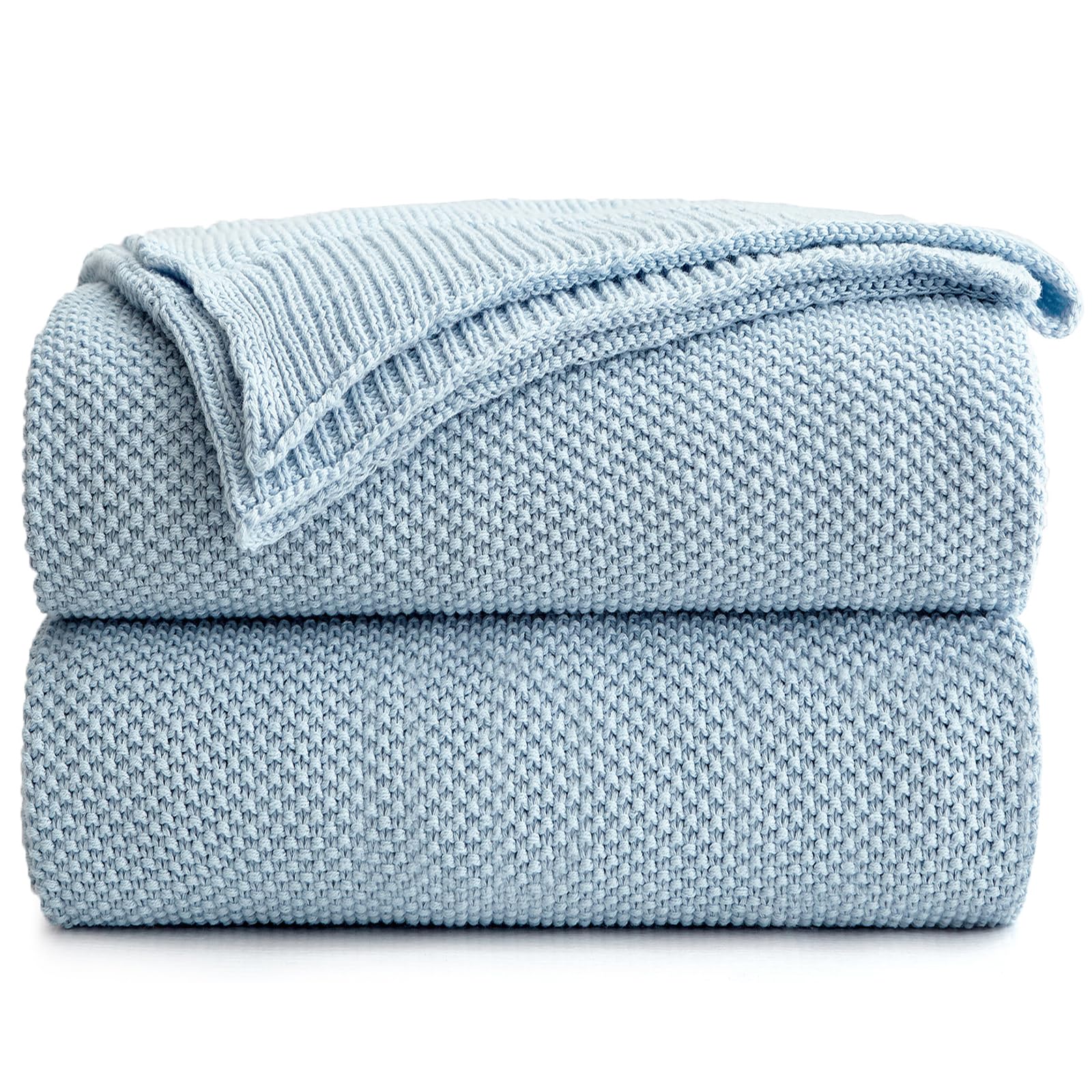 Longhui bedding 100% Cotton Light Blue Cable Knit Throw Blanket for Couch Sofa Bed Home Décor, Lightweight 50“ x 60”