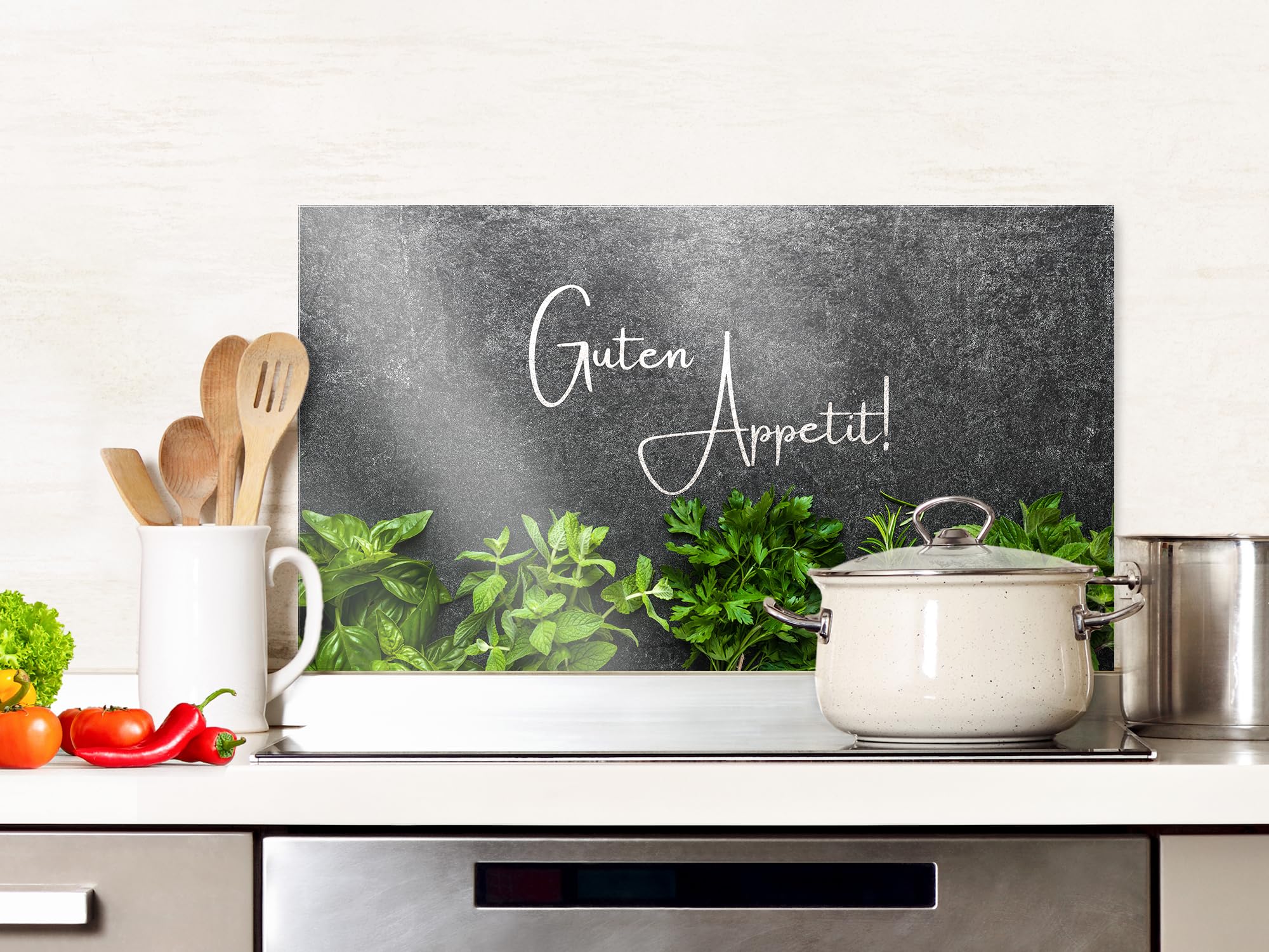 GRAZDesign Spritzschutz Küchenrückwand Glas Küche für Herd & Küchenspüle, Kräuter Guten Appetit Glasplatte Rückwand Küchenwand Wandschutz | 100x60cm