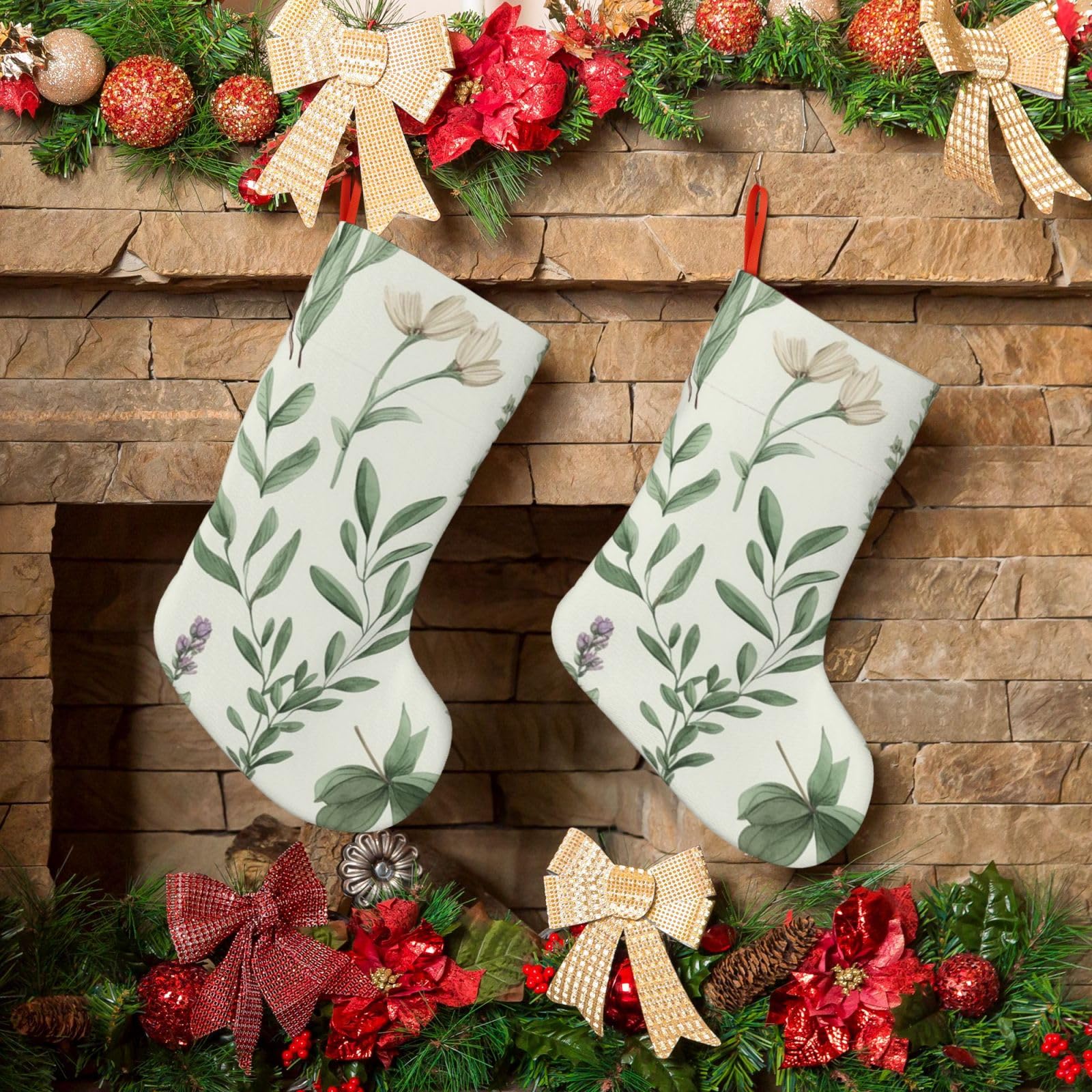 Fodpand Boys Black Green Flower Herb Sage Leaves And Branches Christmas Stockings Hanging Ornaments For Holiday Decor, 18 Inches Velvet Fireplace Hanging Xmas Stocking, Candy Gift Bags For Christmas Decorations