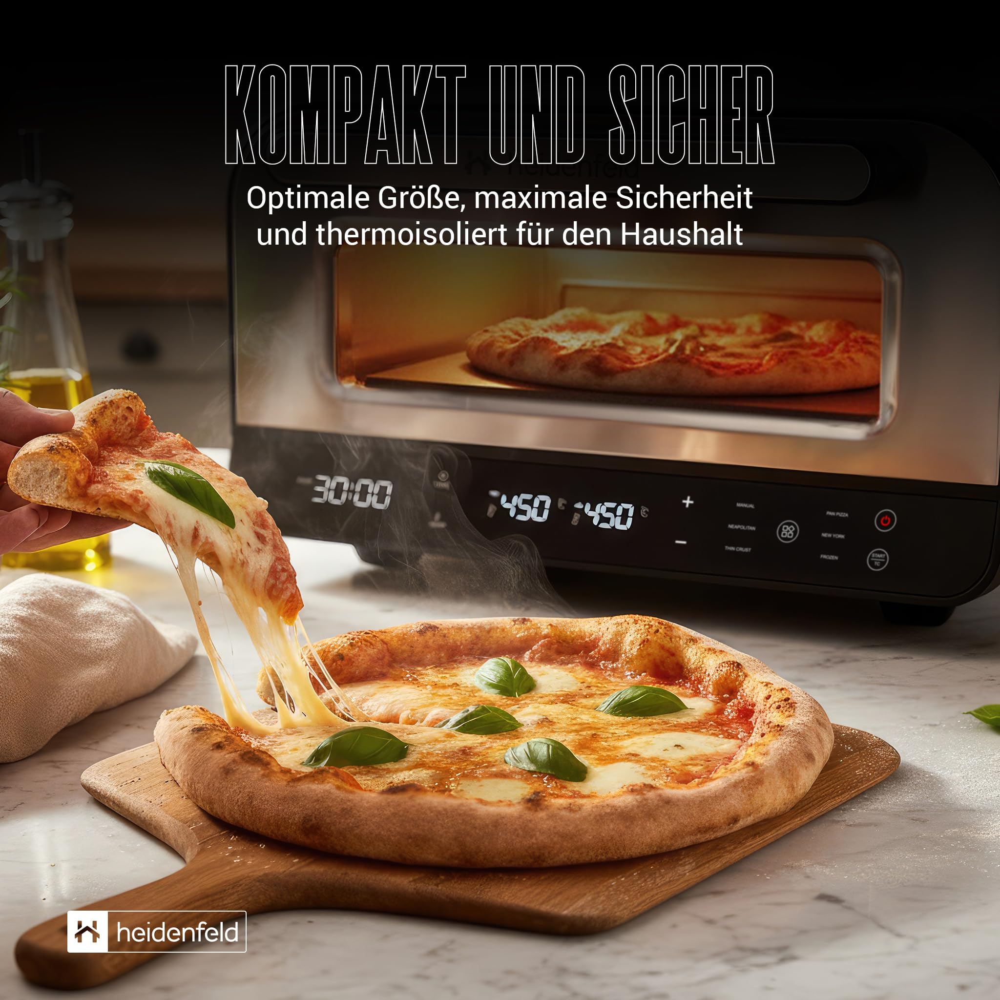 Heidenfeld Pizzaofen | 1850 Watt bis 450°C - Backofen inkl. Pizzastein & Pizzaschieber - Pizzaofen elektrisch - Pizza Ofen - Elektrischer Pizzabackofen - Pizza Maker - Pizzamaker - Steinofen