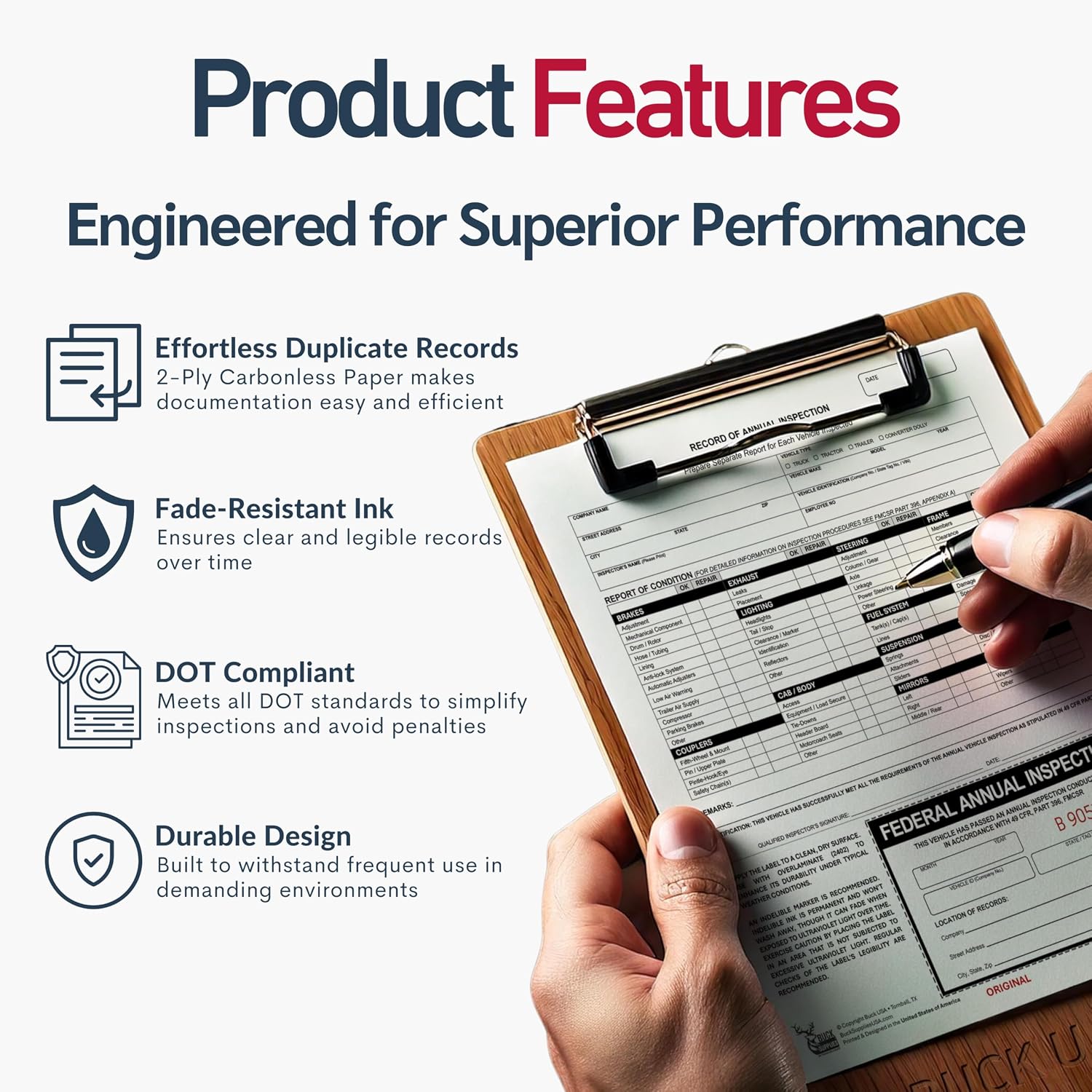 100 Pack 2-Ply Carbonless Record of Annual Inspection Forms with Inspection Decal, DOT Inspection Forms and Stickers, Shrink-Wrapped, 9.5" x 11", Meets 49 CFR 396.21 & 396.17(c)(2) - Made in The USA