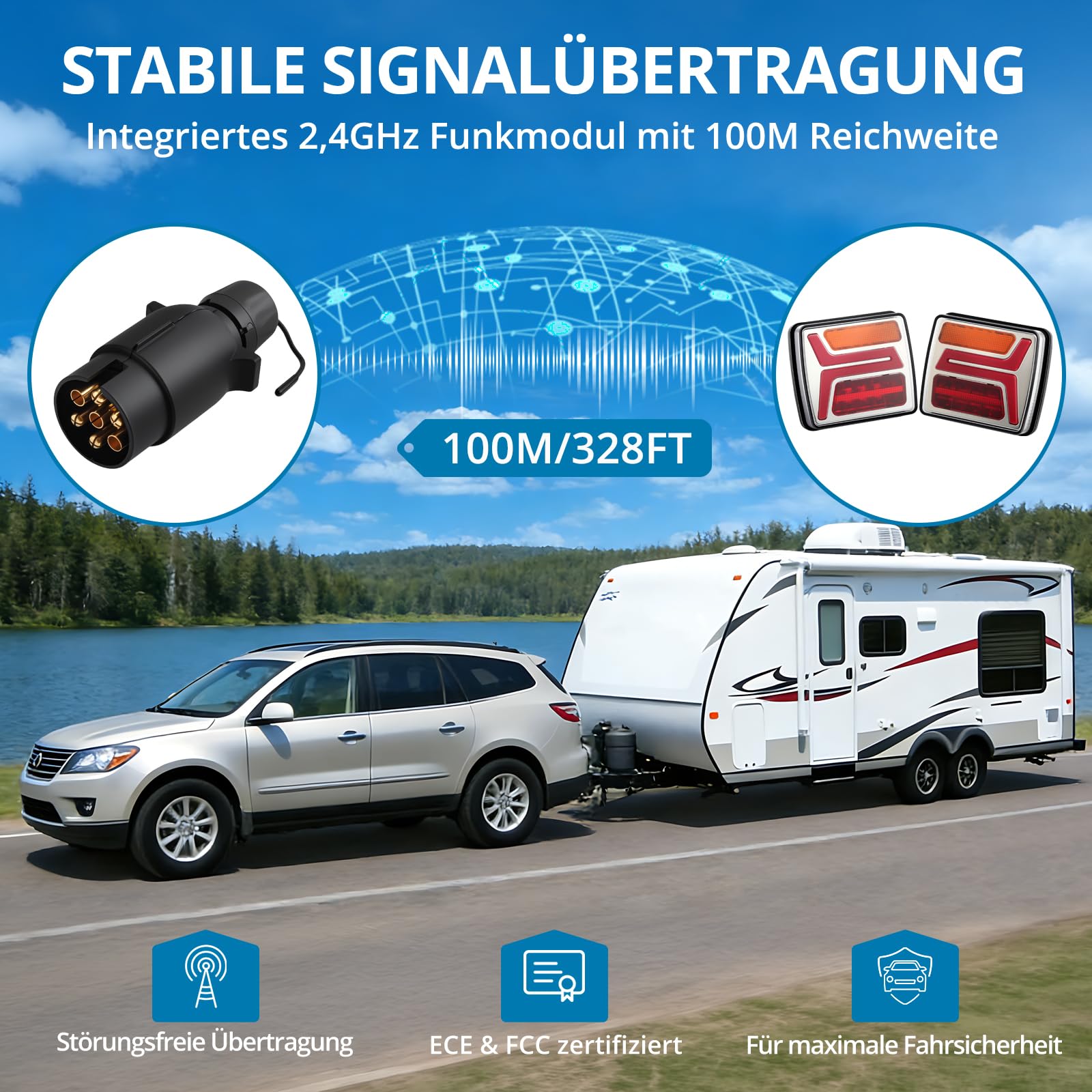 AUTOUTLET LED Rückleuchten Anhänger kabellos 100m Funkreichweite, 12V-24V Rücklichter mit 7 Pin Stecker & 5 Funktion inkl. Kennzeichenleuchte, IP67 Wasserdicht 12H-Akkulaufzeit, für LKW PKW Wohnwagen