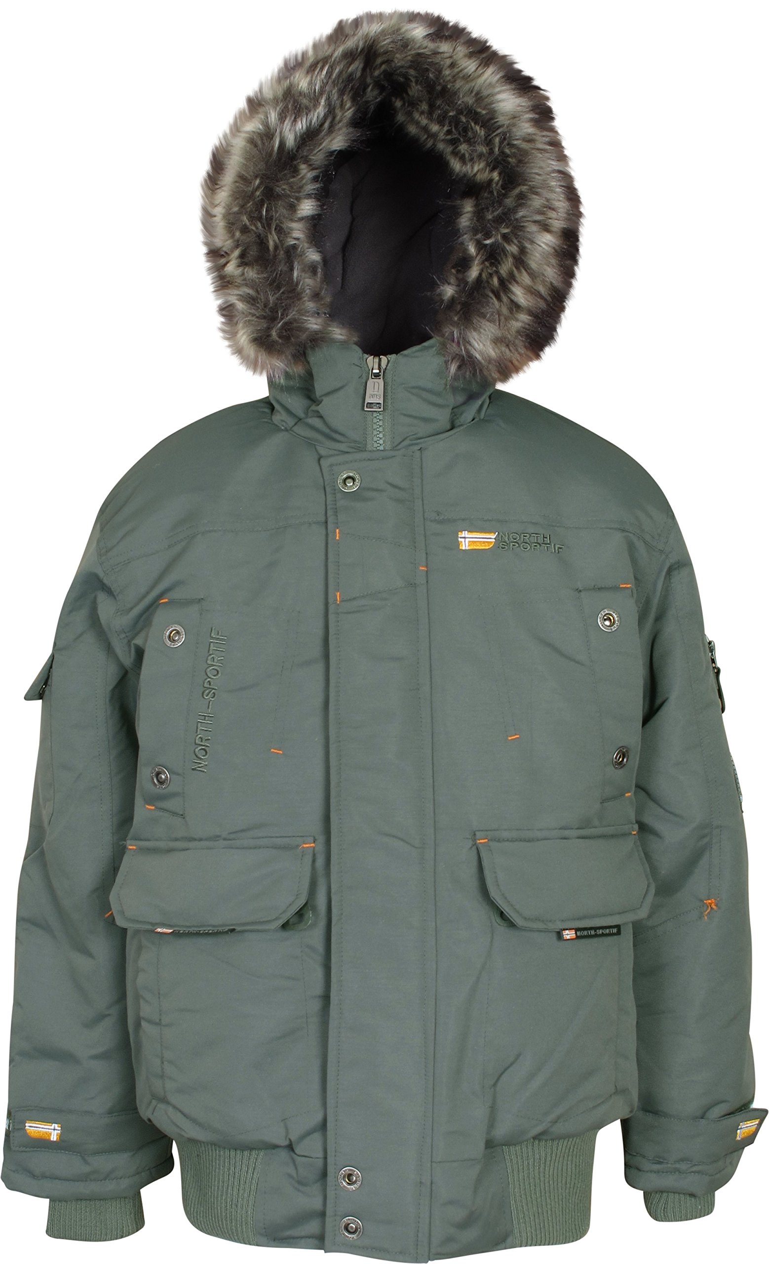 'North Sportif Boys Bomber Snorkel Jacket with Utility Pockets, Olive, Large 14/16'