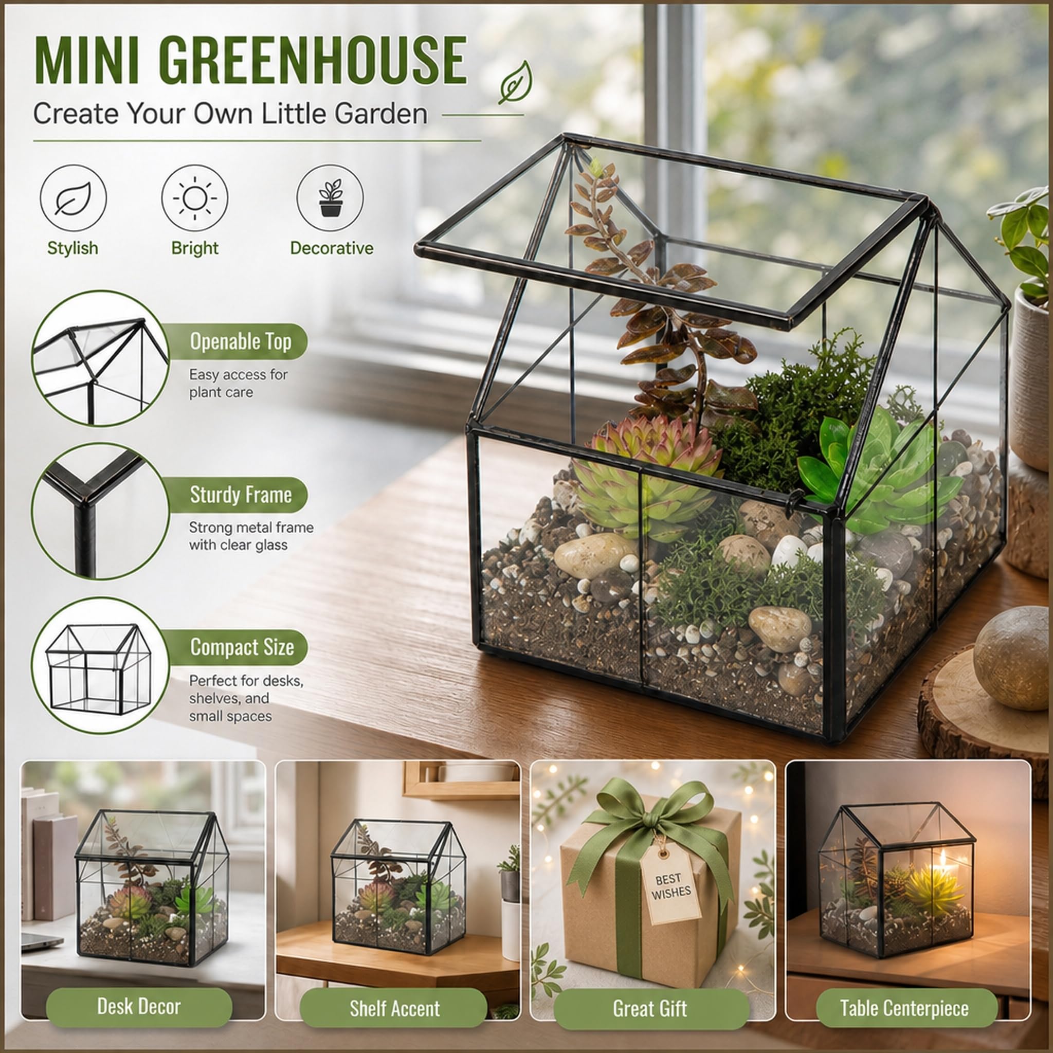 Ferrisland Terrario de Vidrio para Plantas, contenedor Wardian para Interiores, pequeño terrario suculento con Puerta para decoración de Mesa, Regalo de Bricolaje, 5 x 4.3 x 4.3 Pulgadas