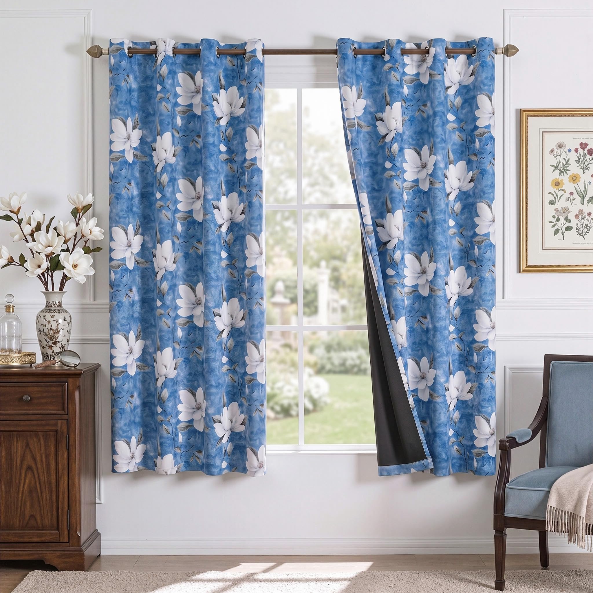 MYSKY HOME Floral 95% Blackout Curtains 45 Inch Length 2 Panels Dusty Blue