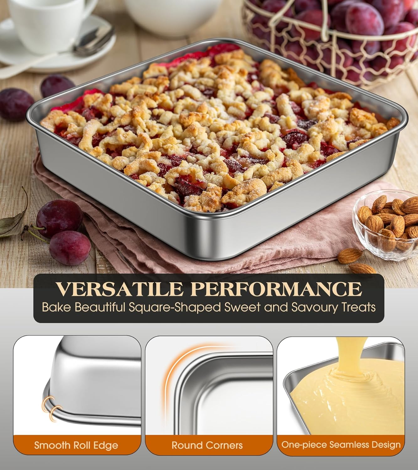 8 x 8-Inch Baking Pan with lid, 304 Stainless Steel Square Cake Pan, Commercial Grade Bakeware for Cakes Brownies Casseroles, Thicker Rectangle Sheet Cake Pans, Non-toxic & Heavy Duty &Dishwasher Safe - Image 4