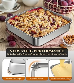 8 x 8-Inch Baking Pan, 304 Stainless Steel Square Cake Pan, Commercial Grade Bakeware for Cakes Brownies Casseroles, Thicker Rectangle Sheet Cake Pans, Non-toxic & Heavy Duty &Dishwasher Safe