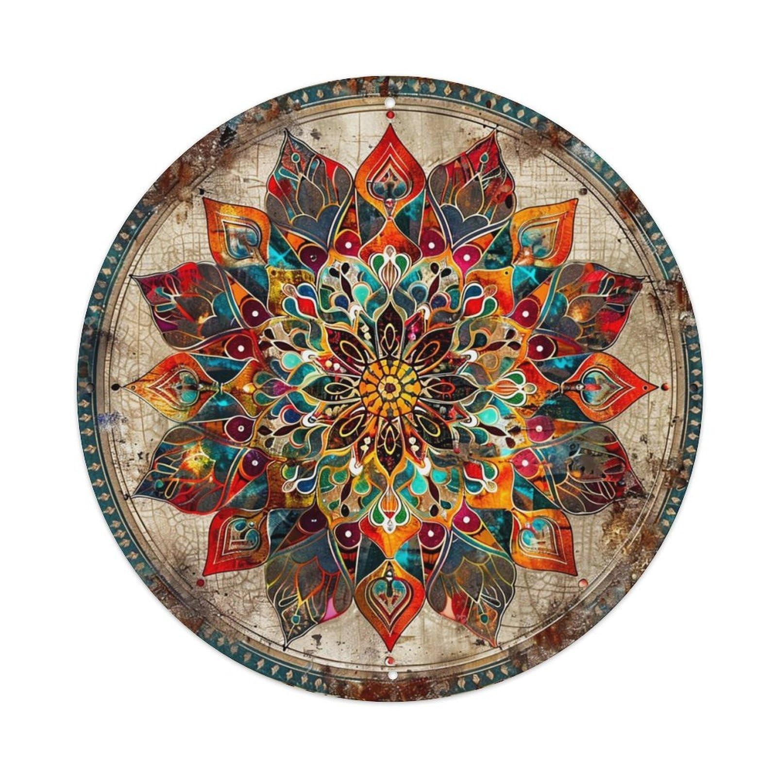 Colorful Mandala Floral Pattern Print Vintage Metal Tin Sign Retro Wall Decor for Home Bar Garage Cafe, Indoor & Outdoor Decorative，circle Metal Poster, 8x8 Inch