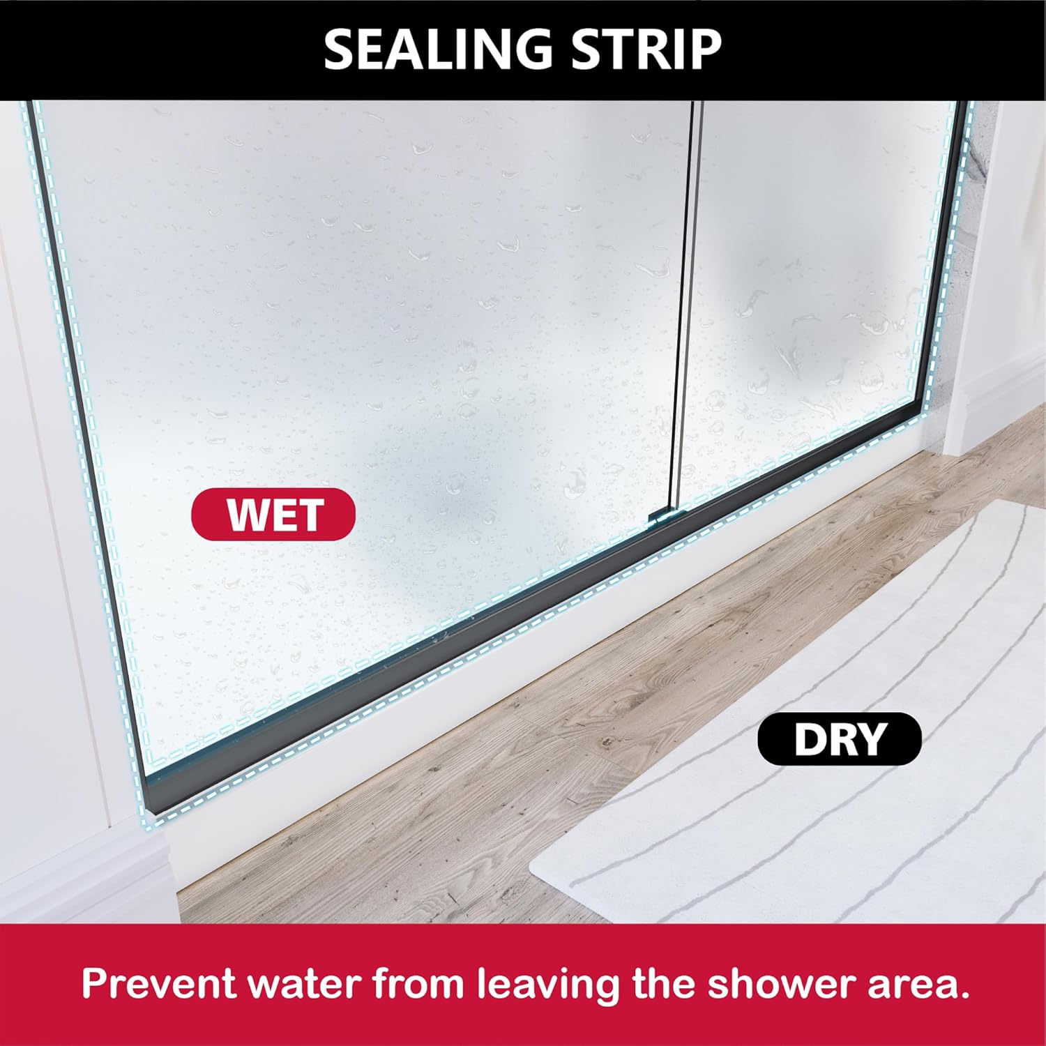 Image showing the sealing strip at the bottom of the shower door, separating wet and dry areas.